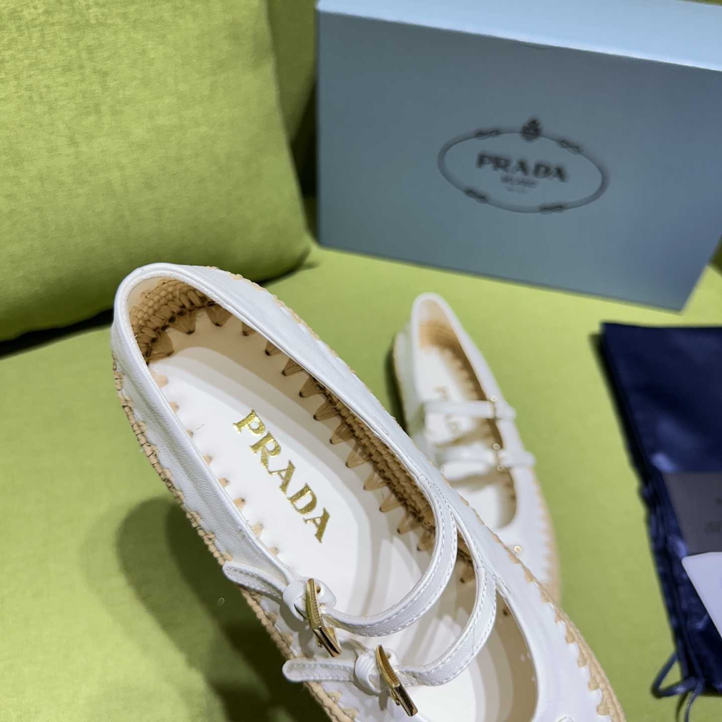 Prada Nappa Leather And Raffia Ballerinas - DesignerGu