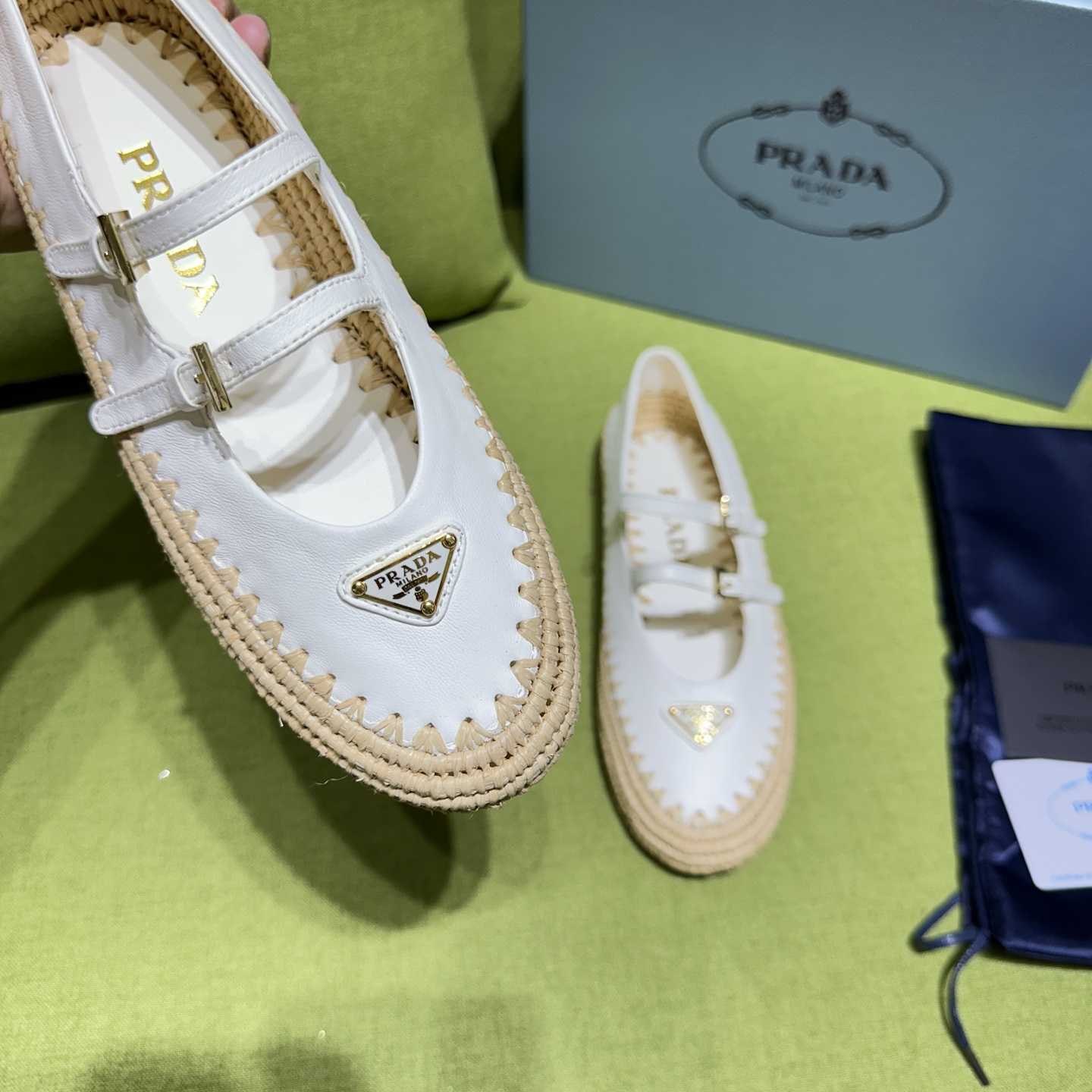 Prada Nappa Leather And Raffia Ballerinas - DesignerGu