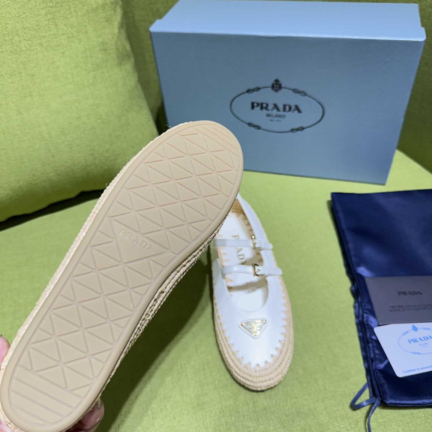 Prada Nappa Leather And Raffia Ballerinas - DesignerGu