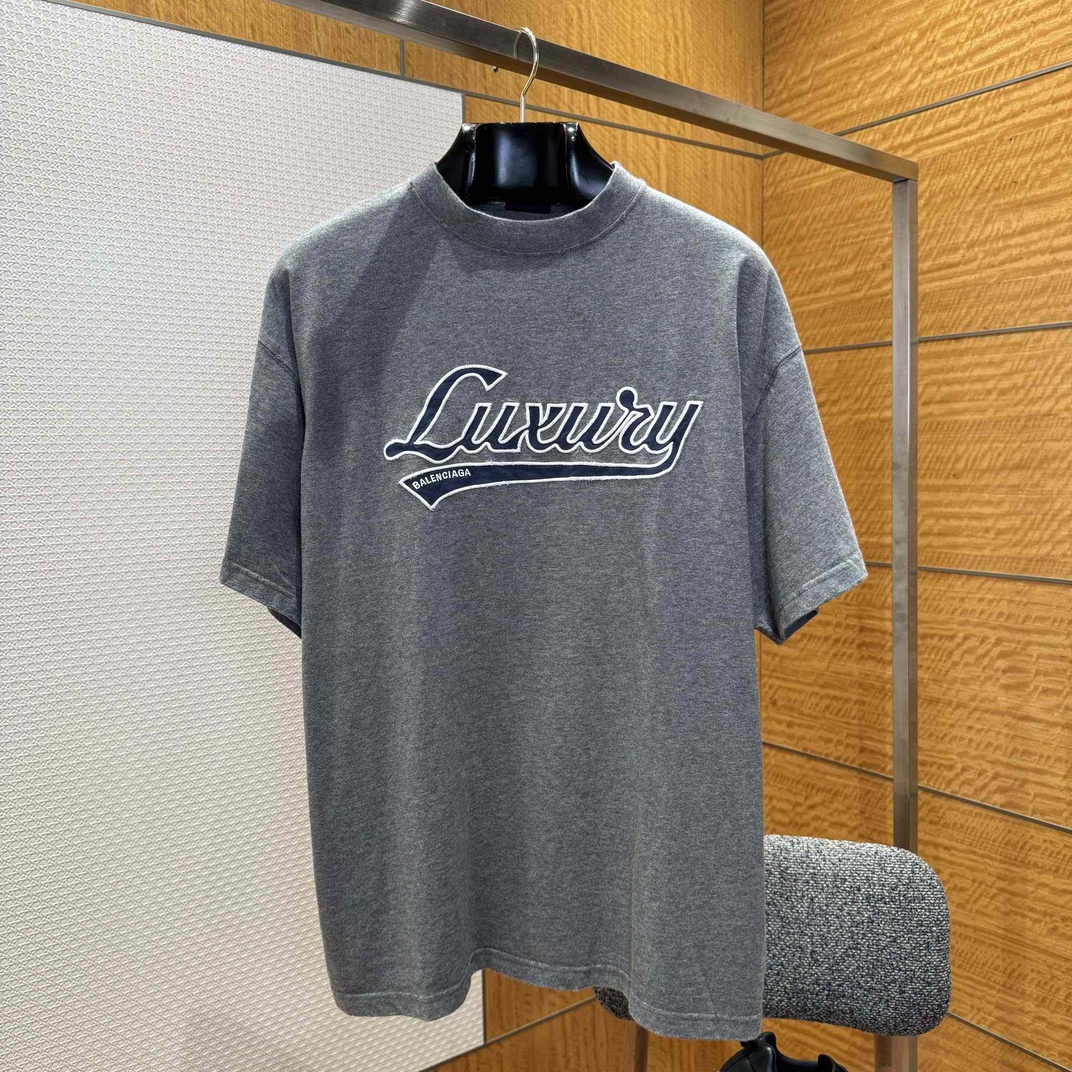Balenciaga Luxury Script Oversized T-Shirt In Dark Heather Grey And Blue Dry Jersey - DesignerGu