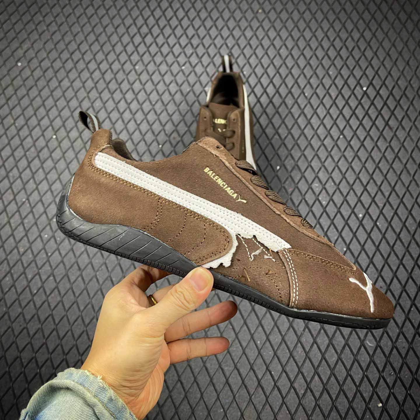 Balenciaga Speedcat Suede Balenciaga In Brown, White And Black Distressed Suede Cowskin - DesignerGu