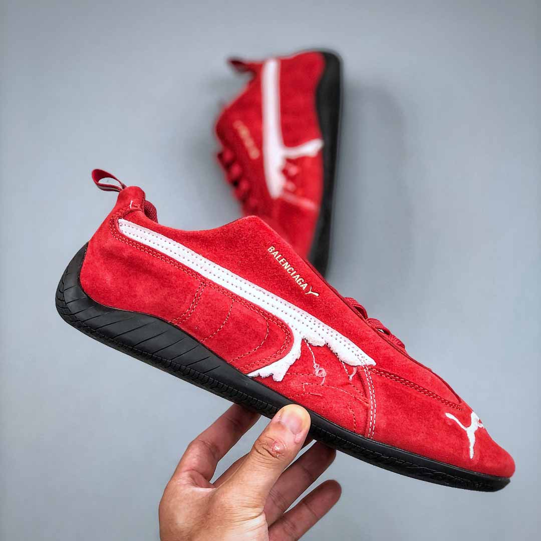 Balenciaga Speedcat Suede Balenciaga In Red, White And Black Distressed Suede Cowskin - DesignerGu