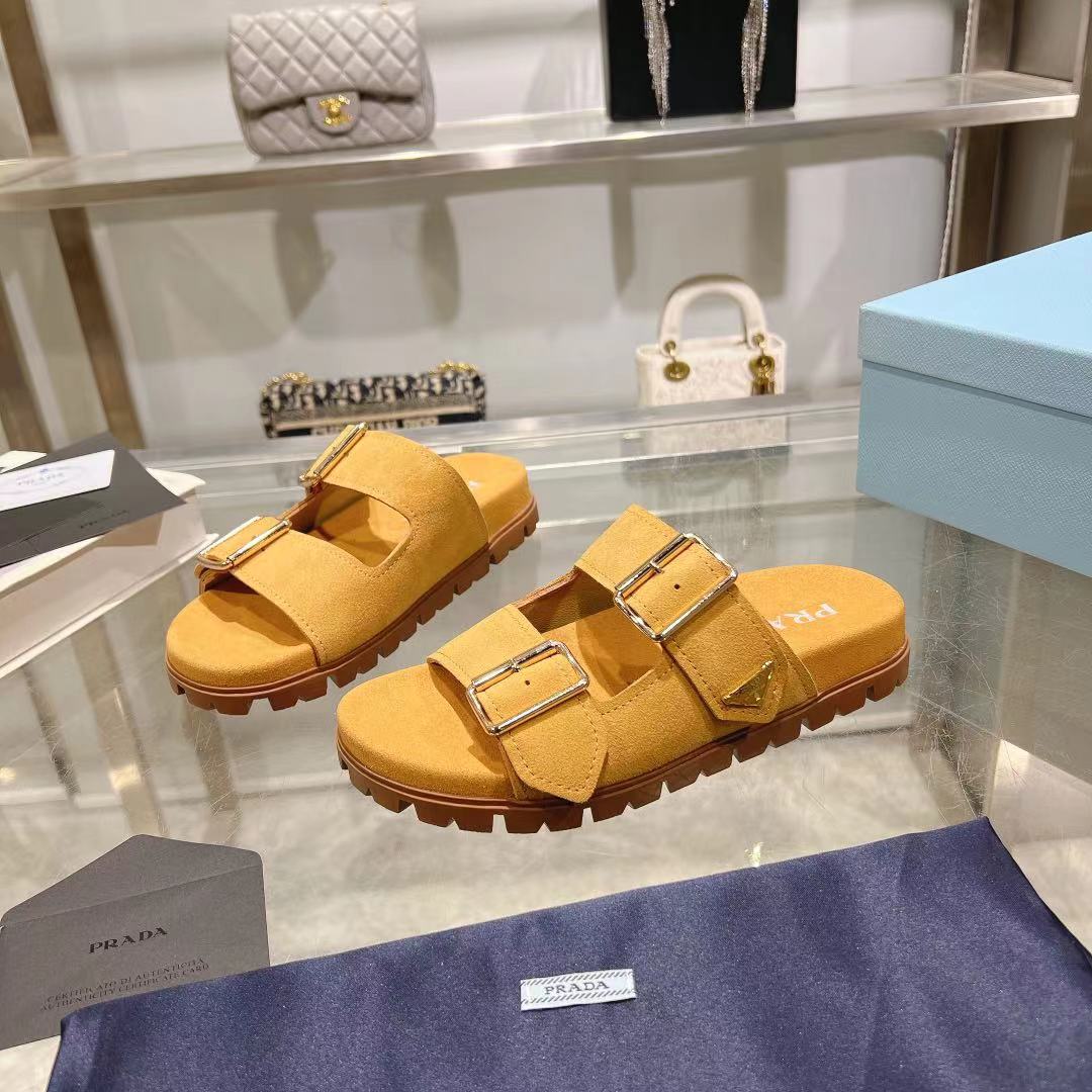 Prada Ecru Suede Strap Slides  - DesignerGu