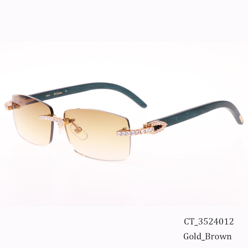 Cartier CT 3524012 Big Diamond Green Wood Sunglasses In Gold Brown - DesignerGu