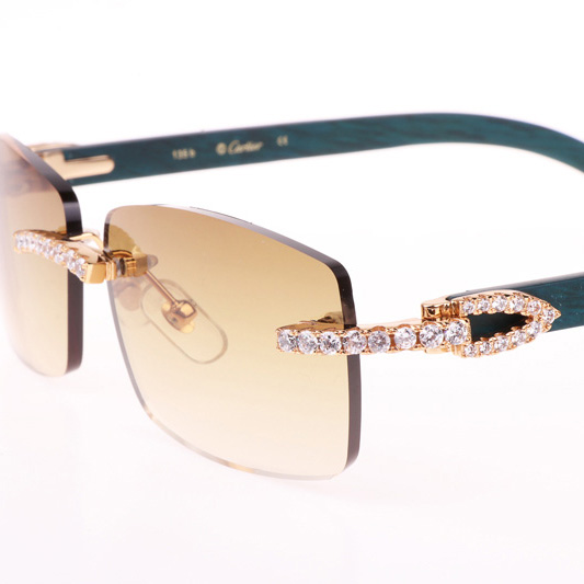 Cartier CT 3524012 Big Diamond Green Wood Sunglasses In Gold Brown - DesignerGu