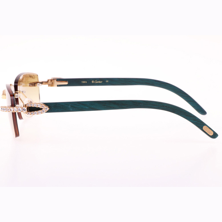 Cartier CT 3524012 Big Diamond Green Wood Sunglasses In Gold Brown - DesignerGu