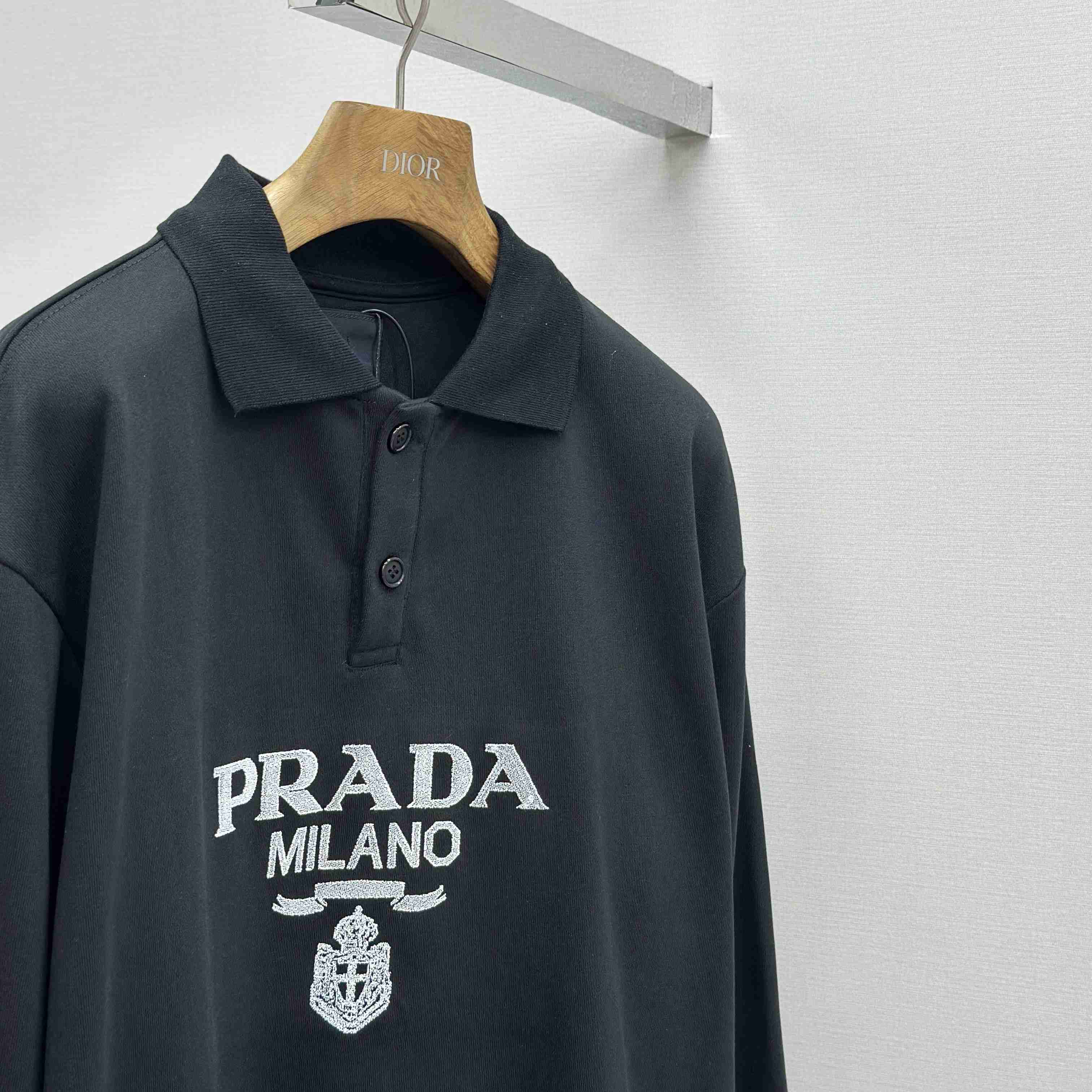 Prada Marble Black Long-sleeved Cotton Polo Shirt - DesignerGu