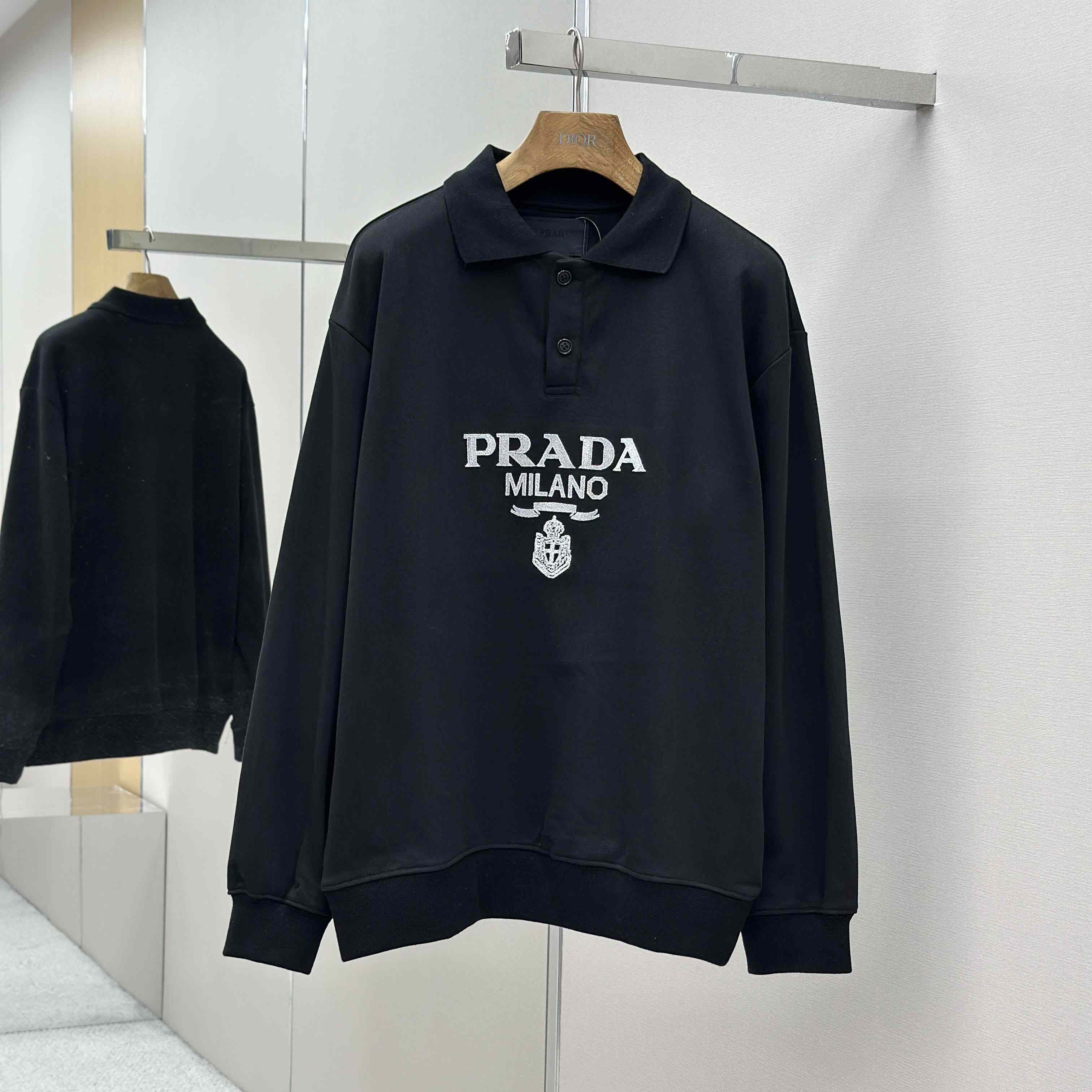 Prada Marble Black Long-sleeved Cotton Polo Shirt - DesignerGu
