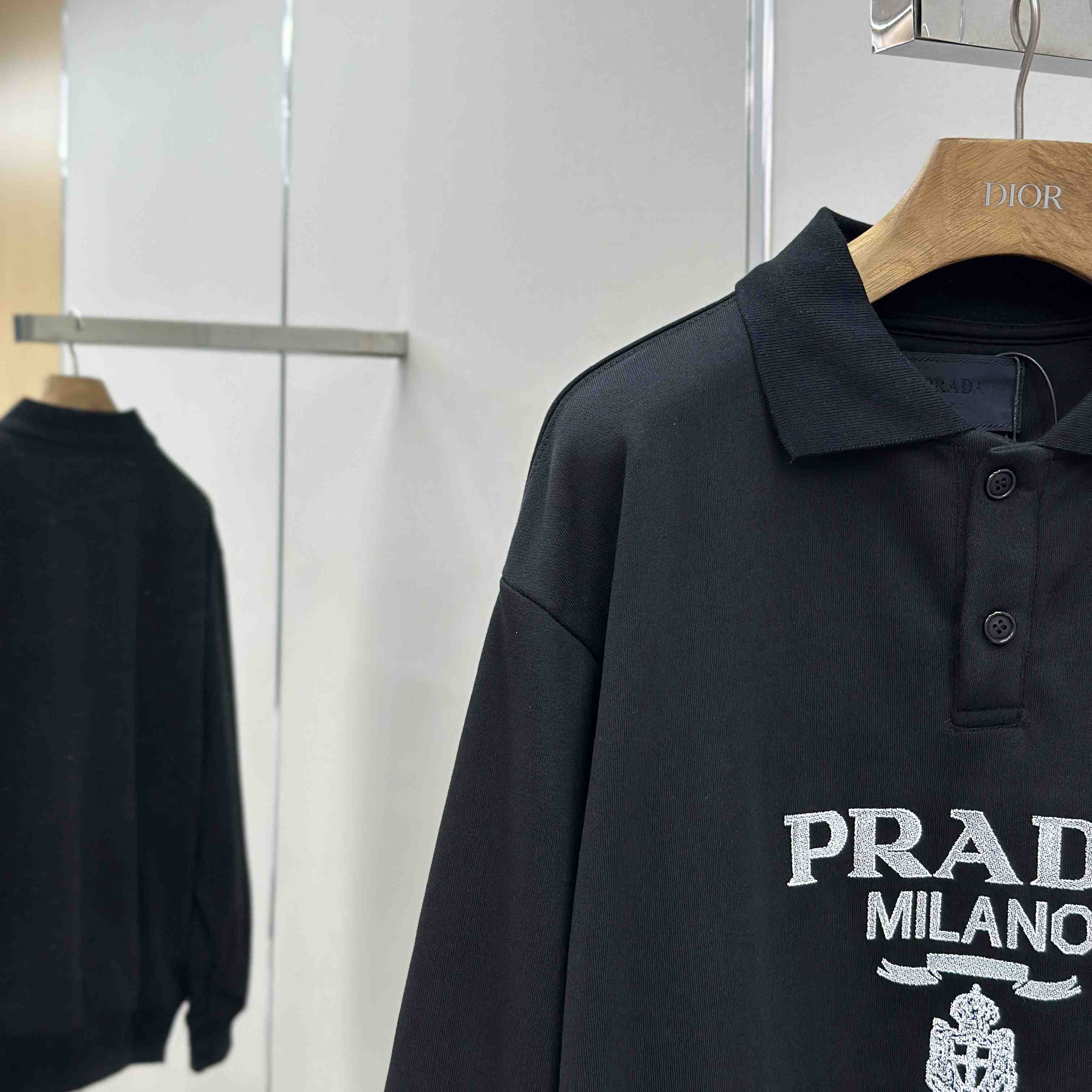 Prada Marble Black Long-sleeved Cotton Polo Shirt - DesignerGu