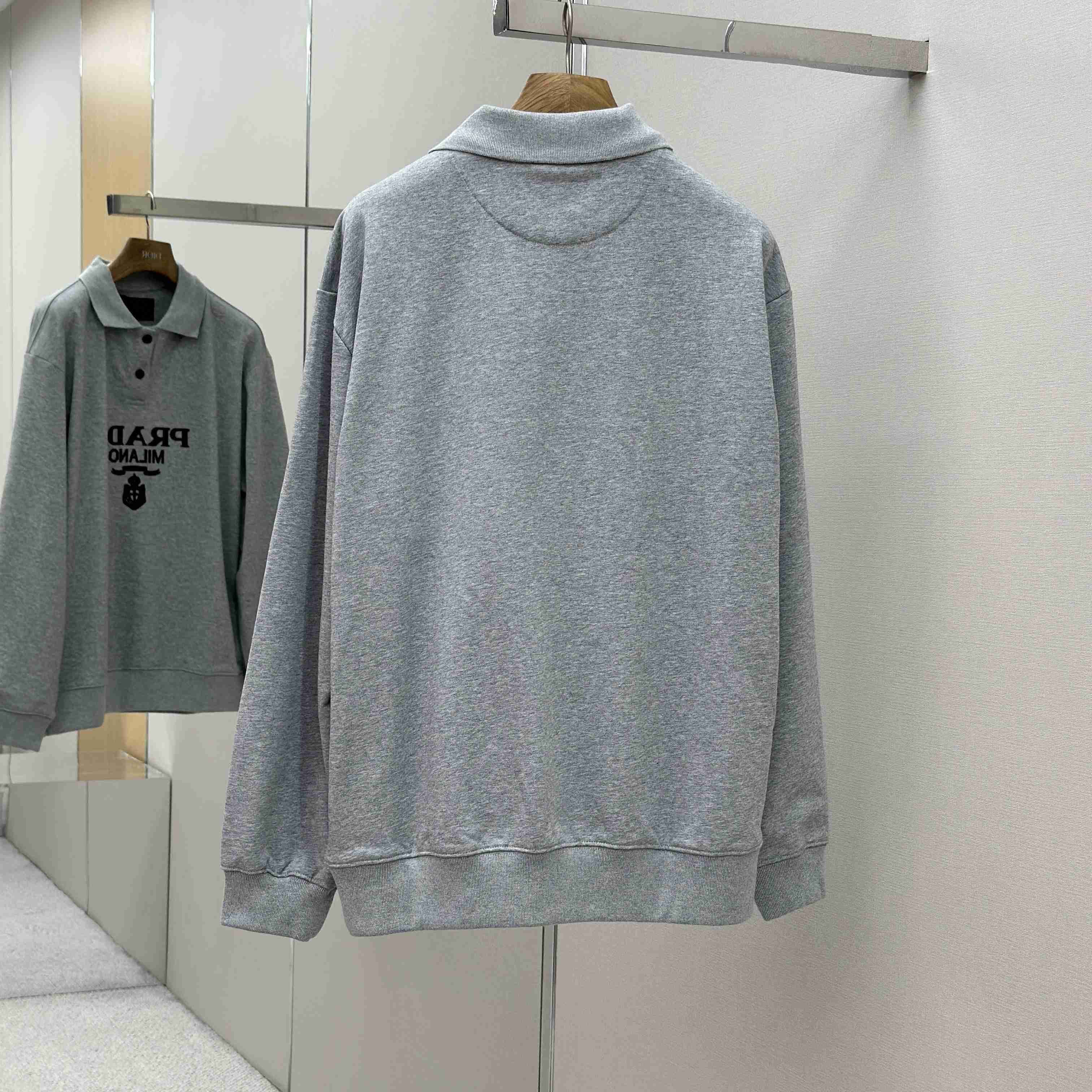 Prada Marble Gray Long-sleeved Cotton Polo Shirt - DesignerGu