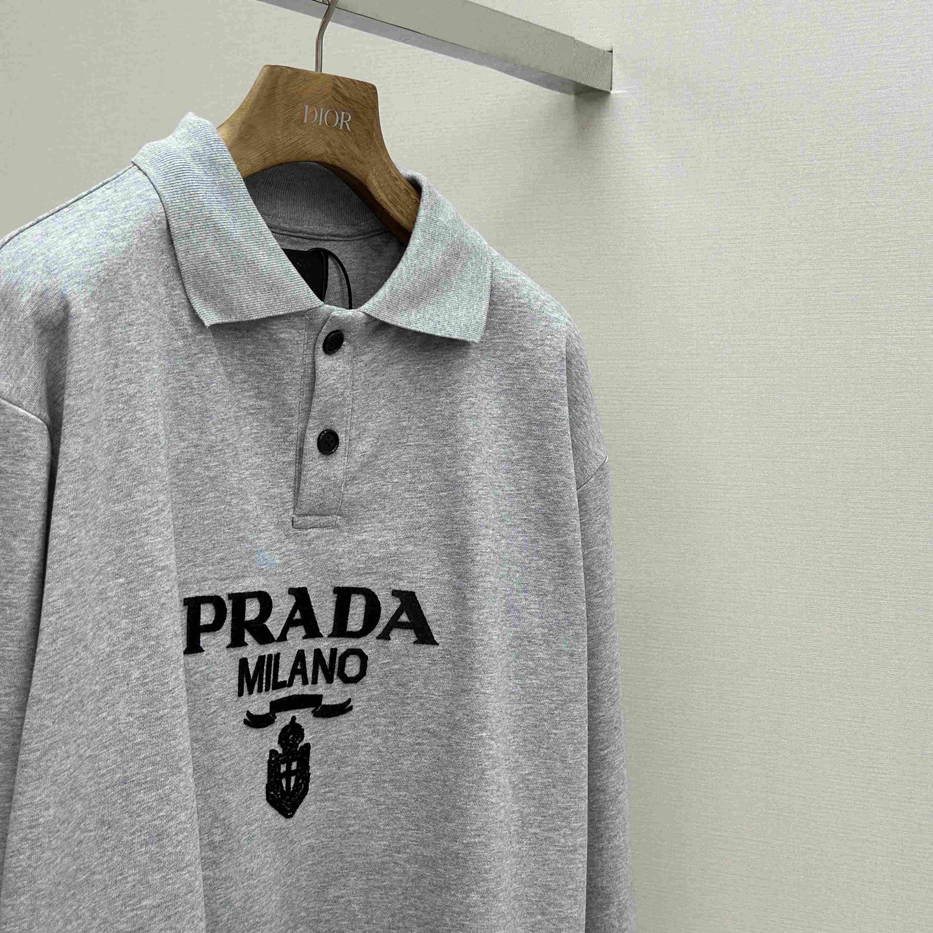 Prada Marble Gray Long-sleeved Cotton Polo Shirt - DesignerGu