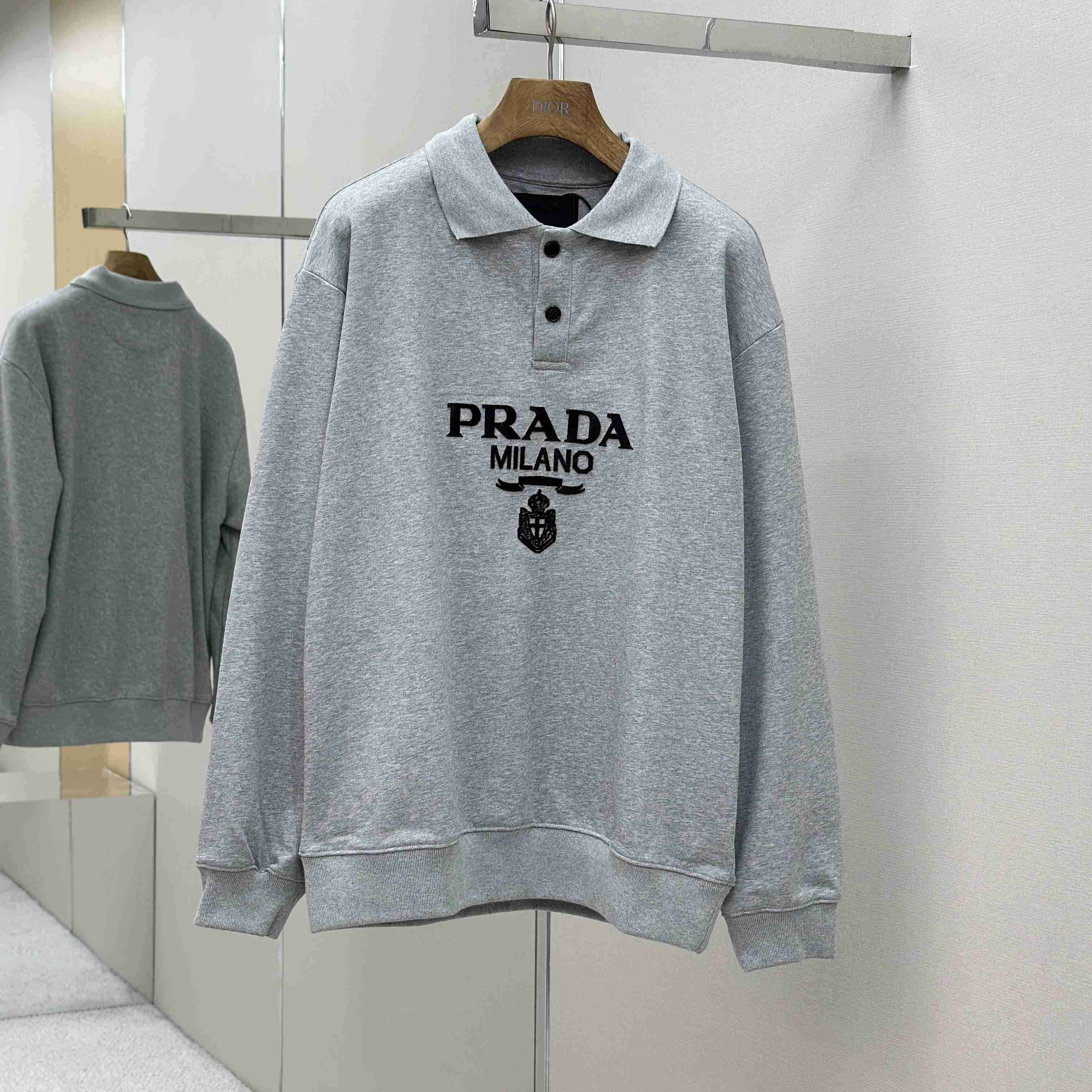 Prada Marble Gray Long-sleeved Cotton Polo Shirt - DesignerGu