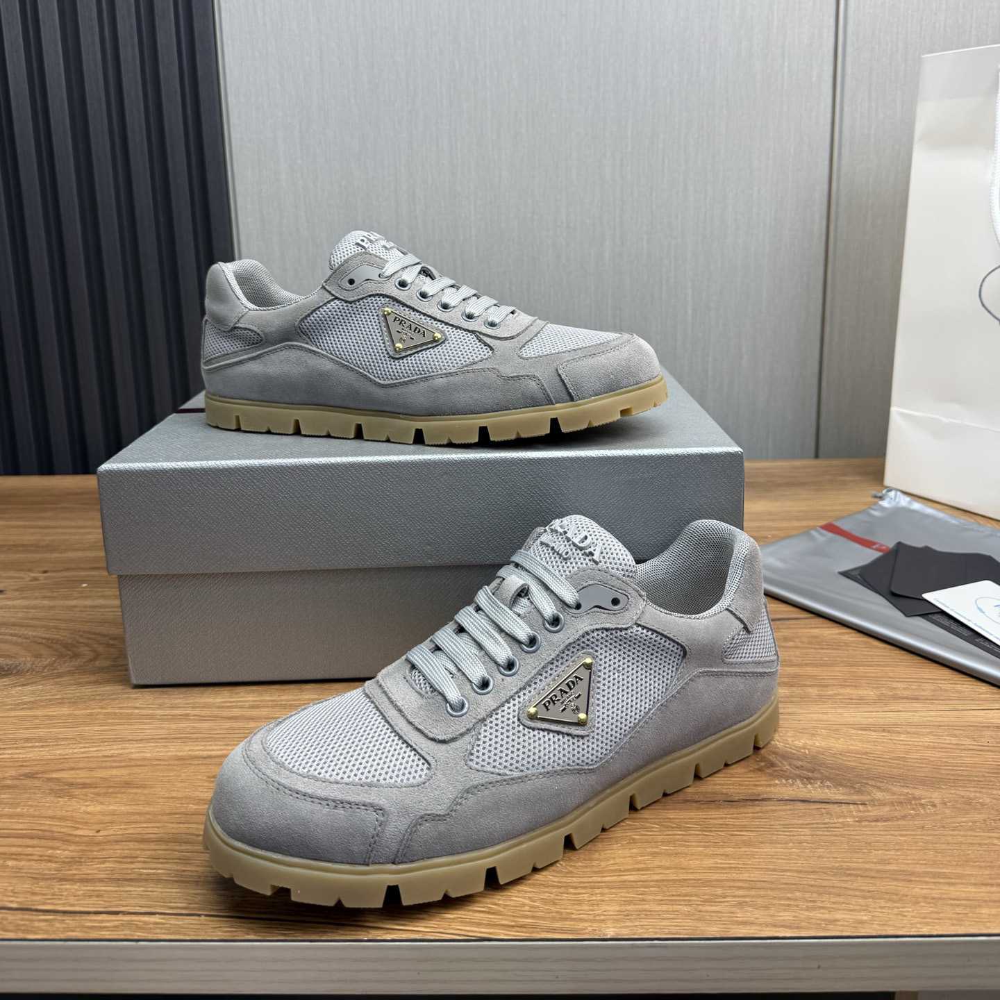 Prada Trail Mesh Fabric And Suede Sneakers - DesignerGu