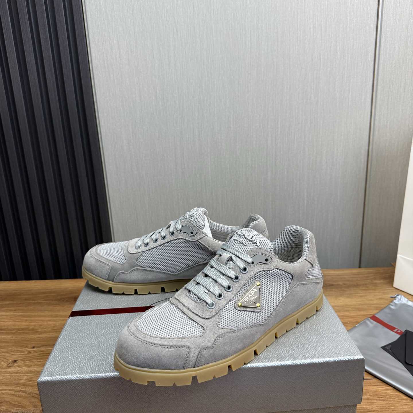 Prada Trail Mesh Fabric And Suede Sneakers - DesignerGu