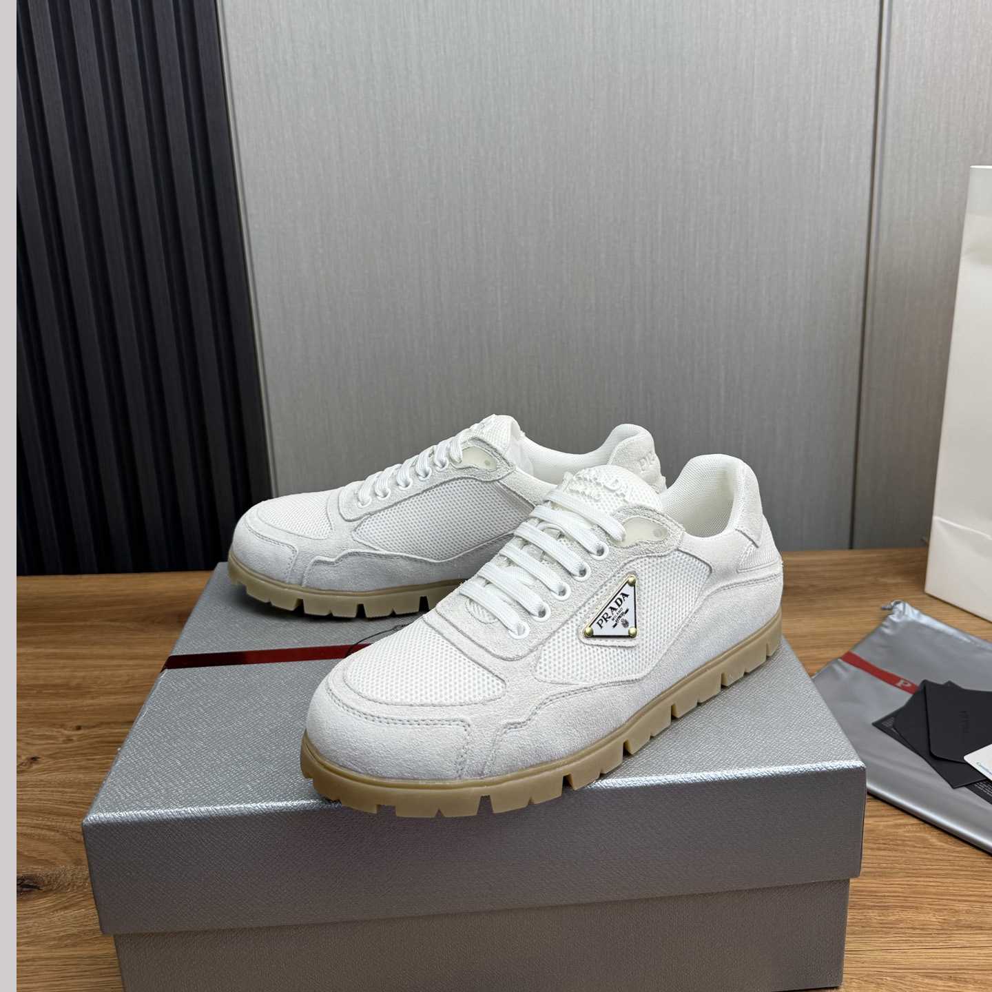 Prada Trail Mesh Fabric And Suede Sneakers - DesignerGu
