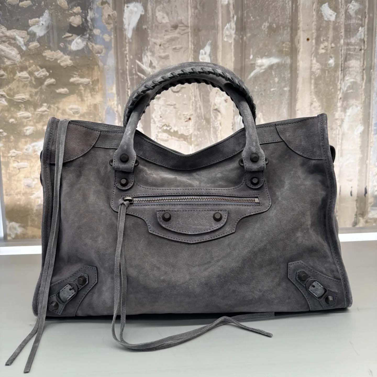 Balenciaga Le City Bag Medium in storm grey suede calfskin, brass hardware - DesignerGu