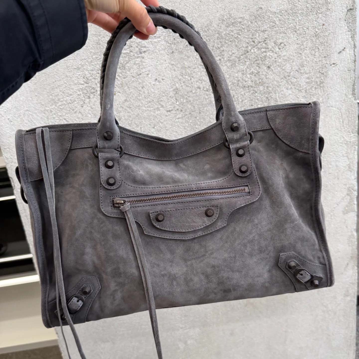 Balenciaga Le City Bag Medium in storm grey suede calfskin, brass hardware - DesignerGu