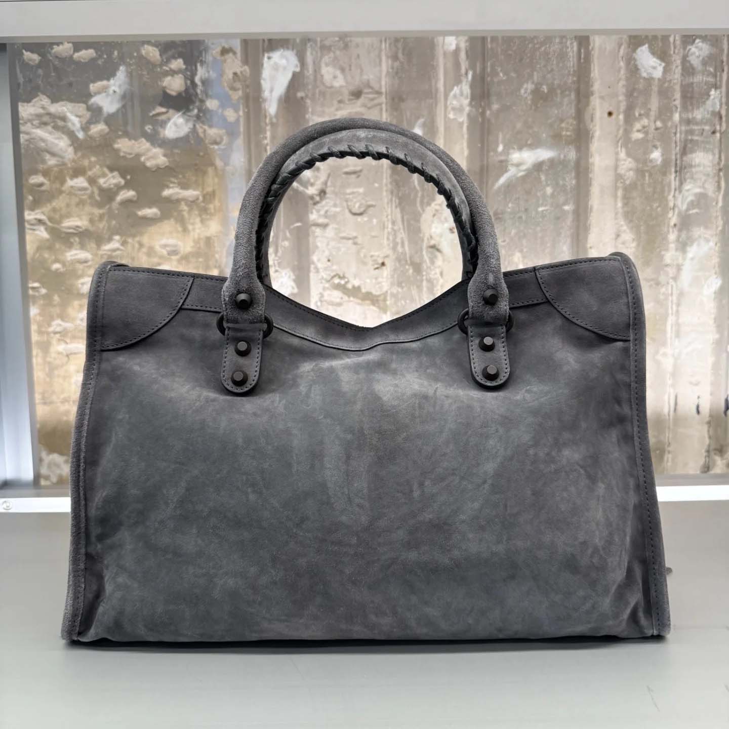 Balenciaga Le City Bag Medium in storm grey suede calfskin, brass hardware - DesignerGu