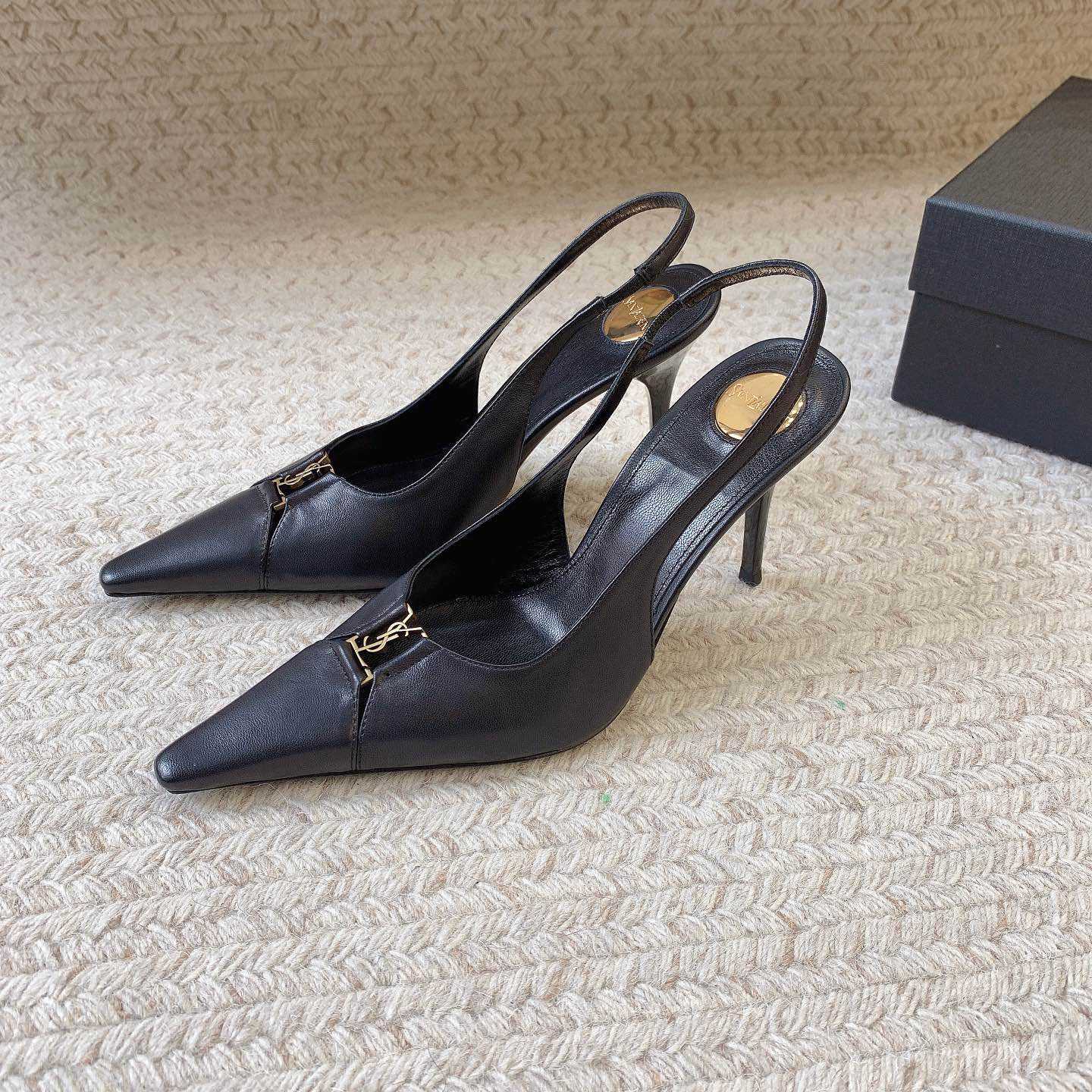 Saint Laurent Leather YSL Slingback Pumps - DesignerGu