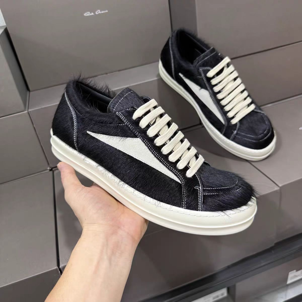 Rick Owens Black Pony Hair Low Sneakers - DesignerGu