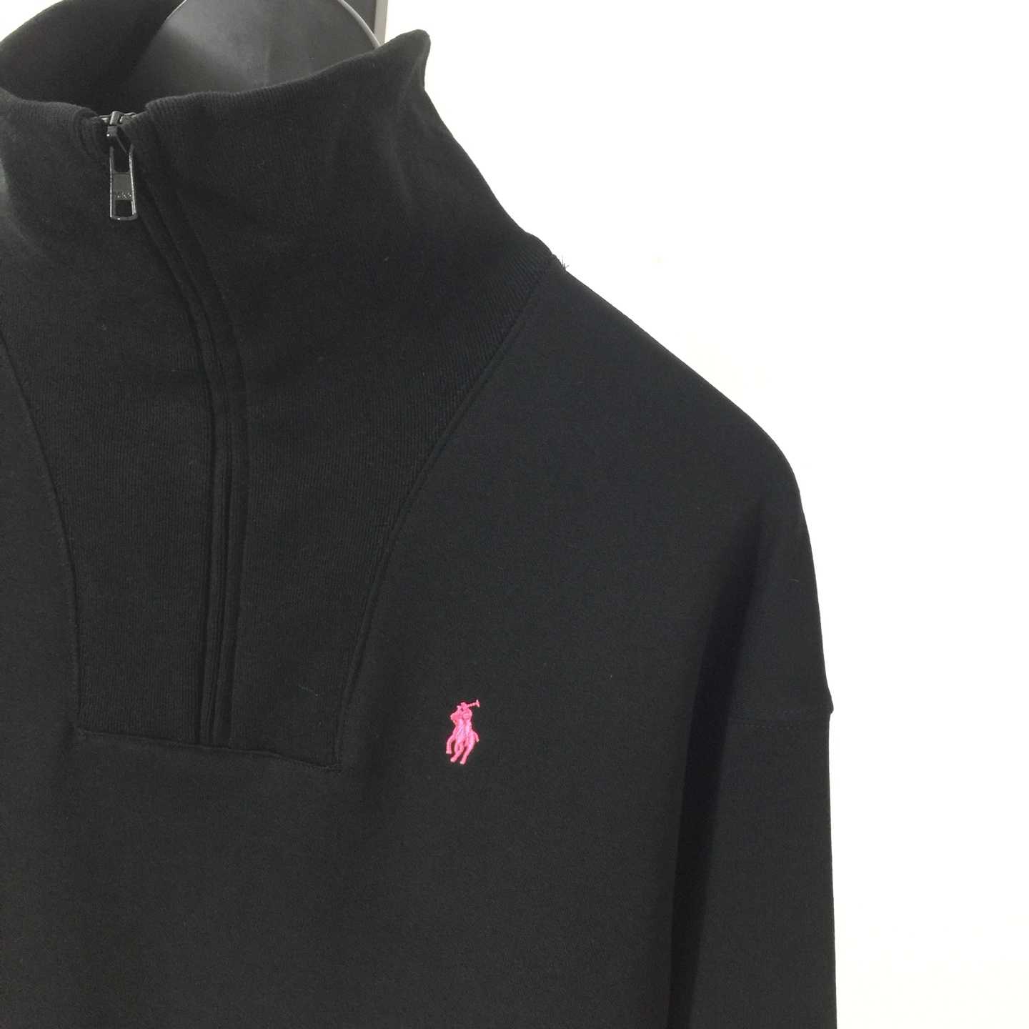Polo Ralph Lauren black cotton-blend fleece quarter-zip sweater with a pink embroidered Pony logo - DesignerGu