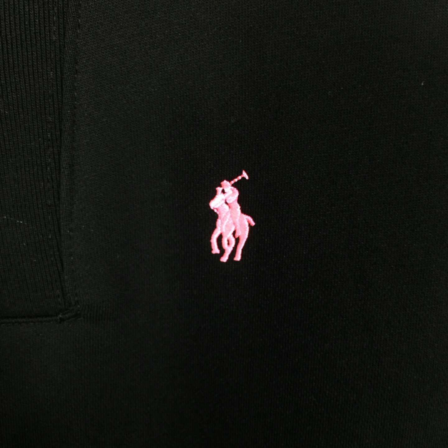 Polo Ralph Lauren black cotton-blend fleece quarter-zip sweater with a pink embroidered Pony logo - DesignerGu