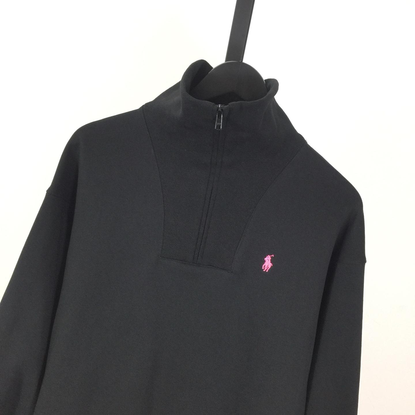 Polo Ralph Lauren black cotton-blend fleece quarter-zip sweater with a pink embroidered Pony logo - DesignerGu