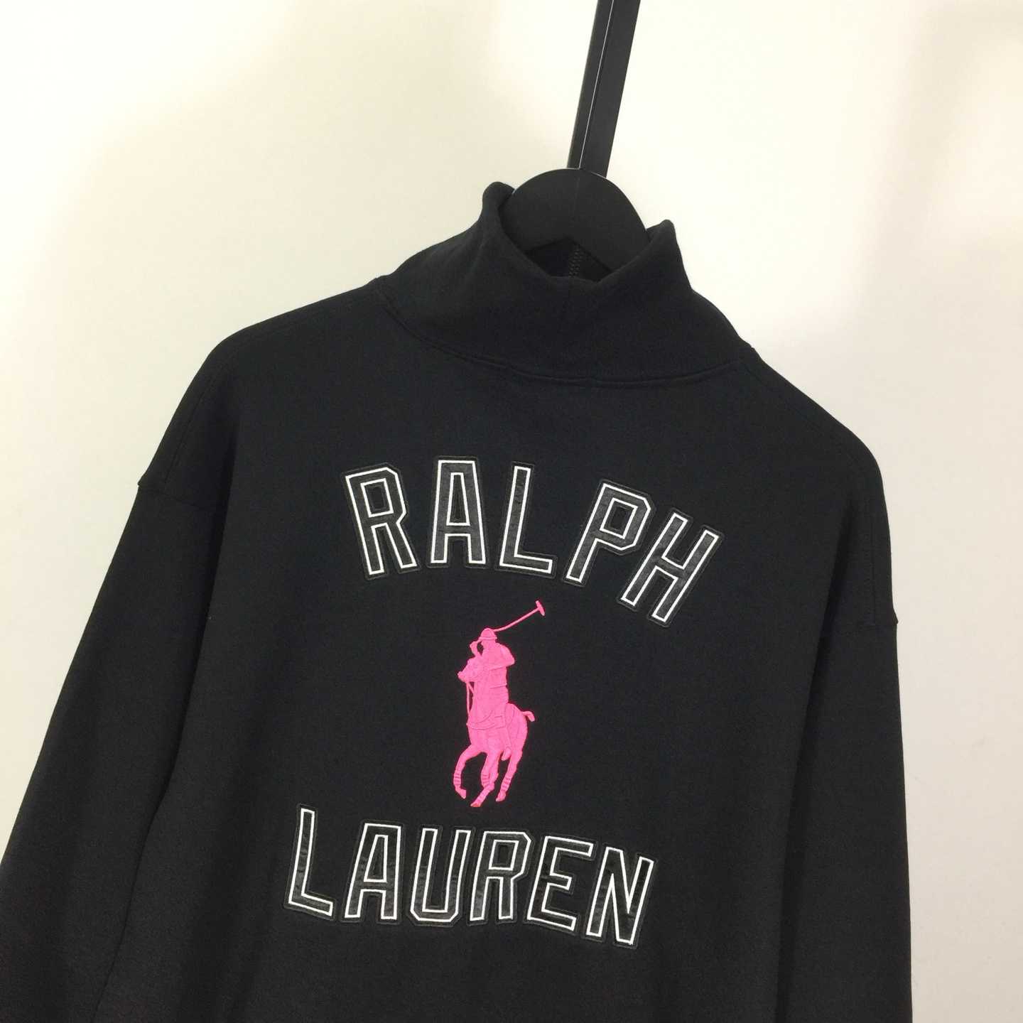 Polo Ralph Lauren black cotton-blend fleece quarter-zip sweater with a pink embroidered Pony logo - DesignerGu