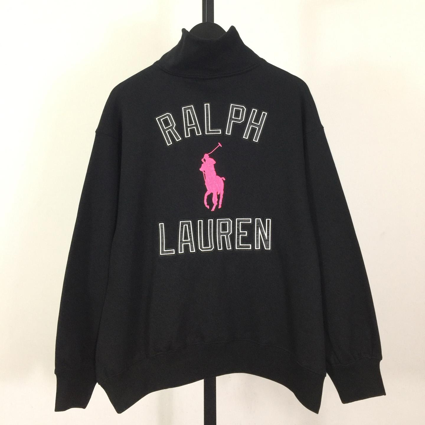 Polo Ralph Lauren black cotton-blend fleece quarter-zip sweater with a pink embroidered Pony logo - DesignerGu