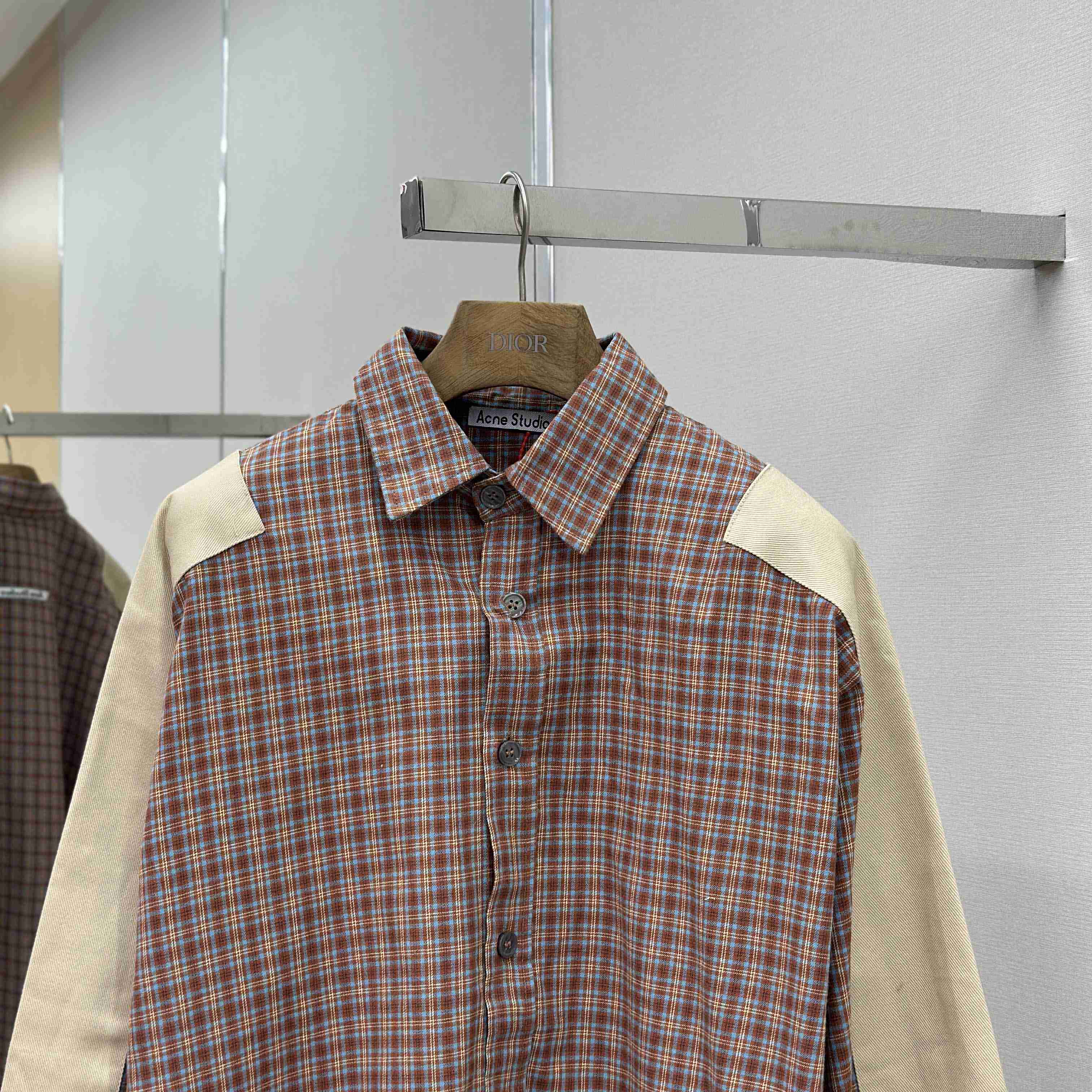 Acne Studios Brown Relaxed Checked Flannel Shirt with Striped Arm Panel - DesignerGu