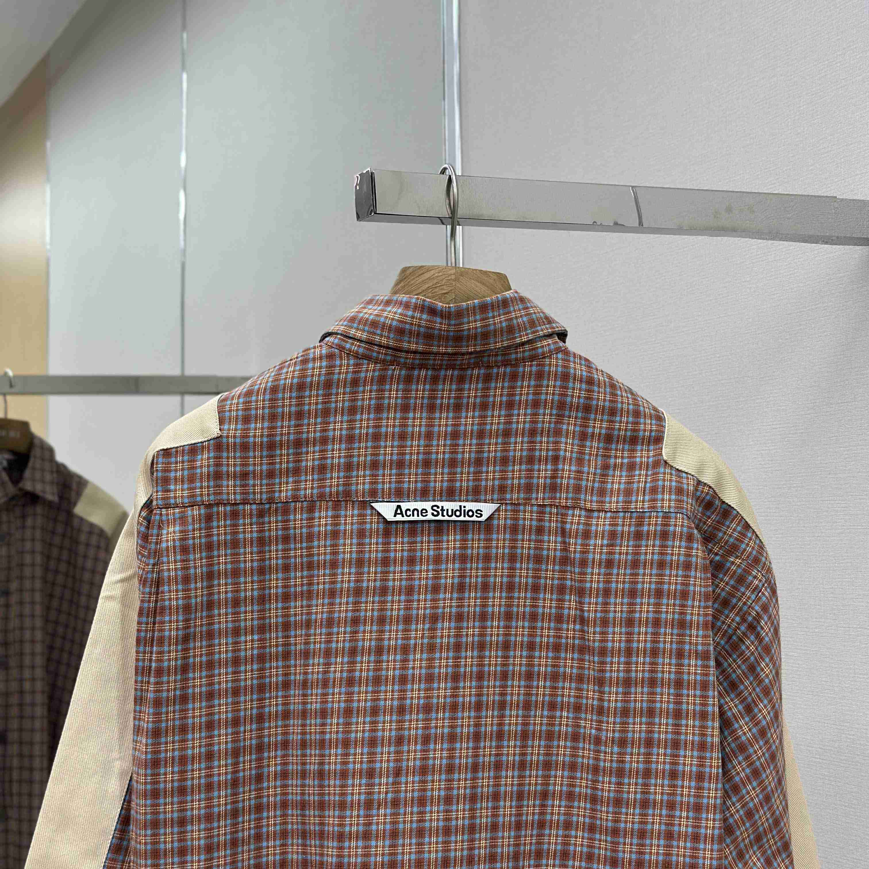 Acne Studios Brown Relaxed Checked Flannel Shirt with Striped Arm Panel - DesignerGu