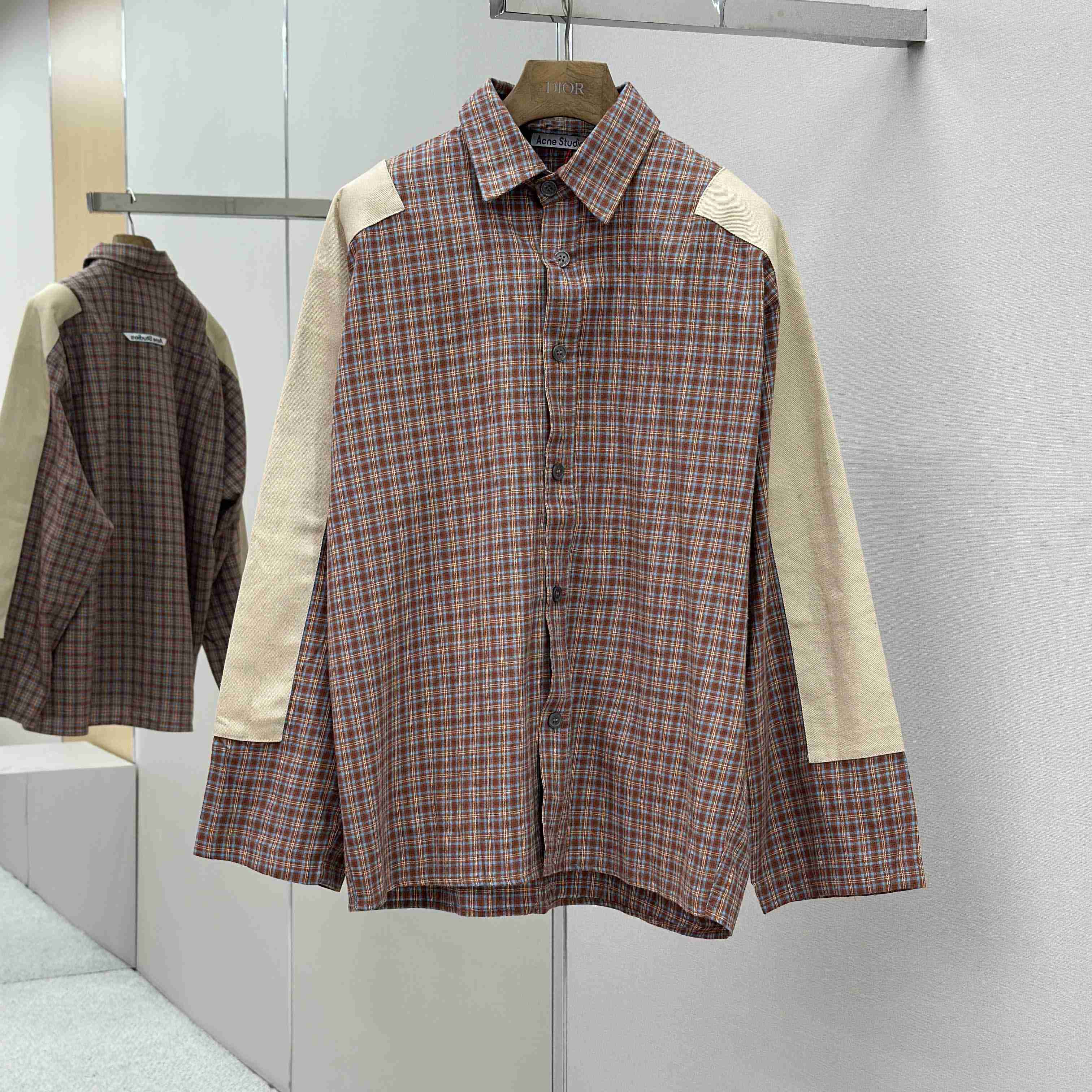 Acne Studios Brown Relaxed Checked Flannel Shirt with Striped Arm Panel - DesignerGu