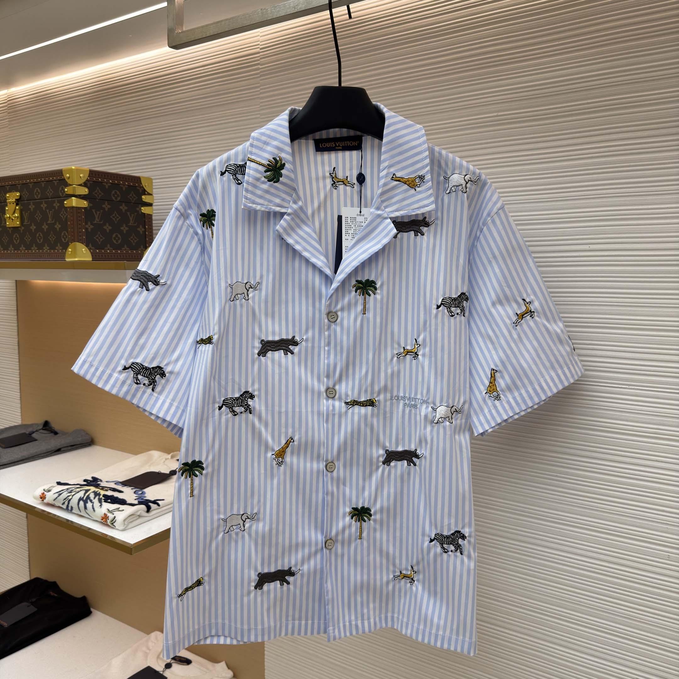 Louis Vuitton LV x The Darjeeling Limited Embroidered Striped Short Shirt     1AJUX6 - DesignerGu