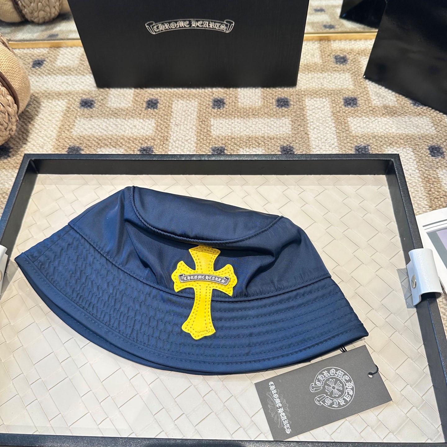Chrome Heart Yellow Cross Nylon Navy Blue Fisherman Hat - DesignerGu