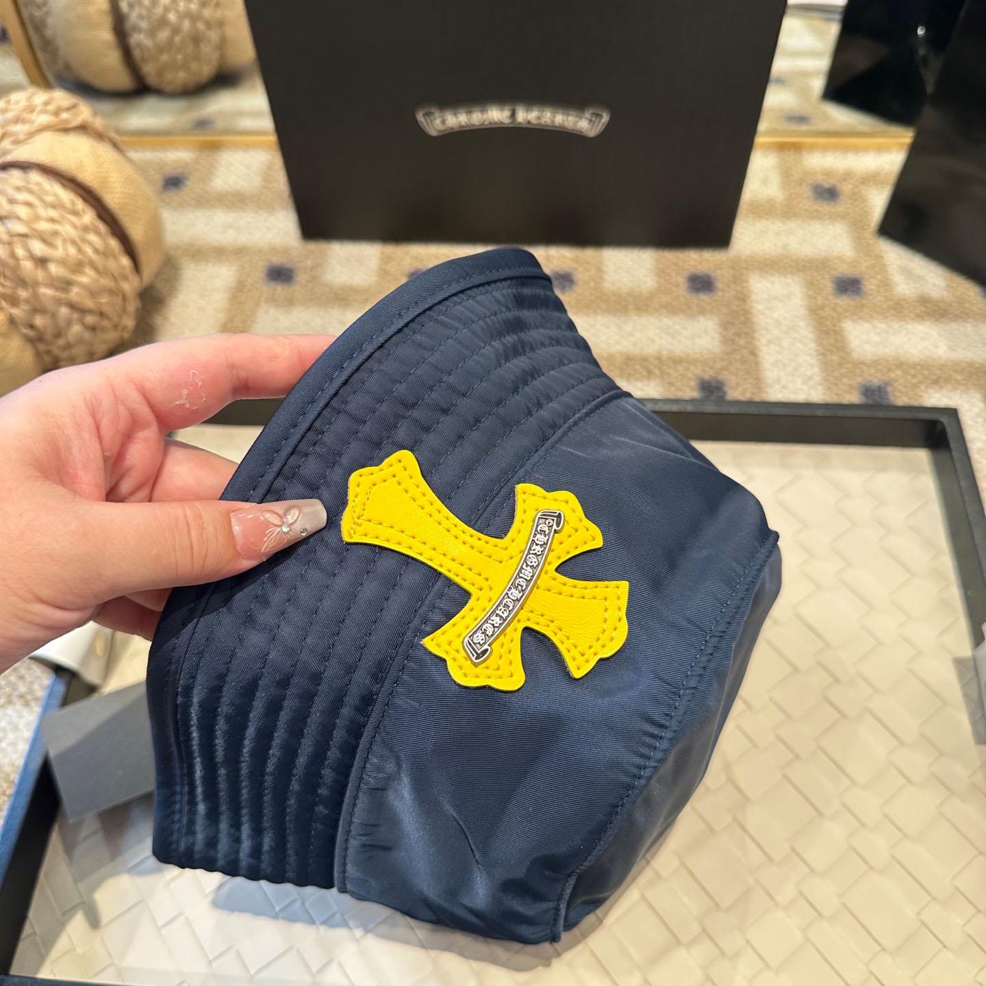 Chrome Heart Yellow Cross Nylon Navy Blue Fisherman Hat - DesignerGu