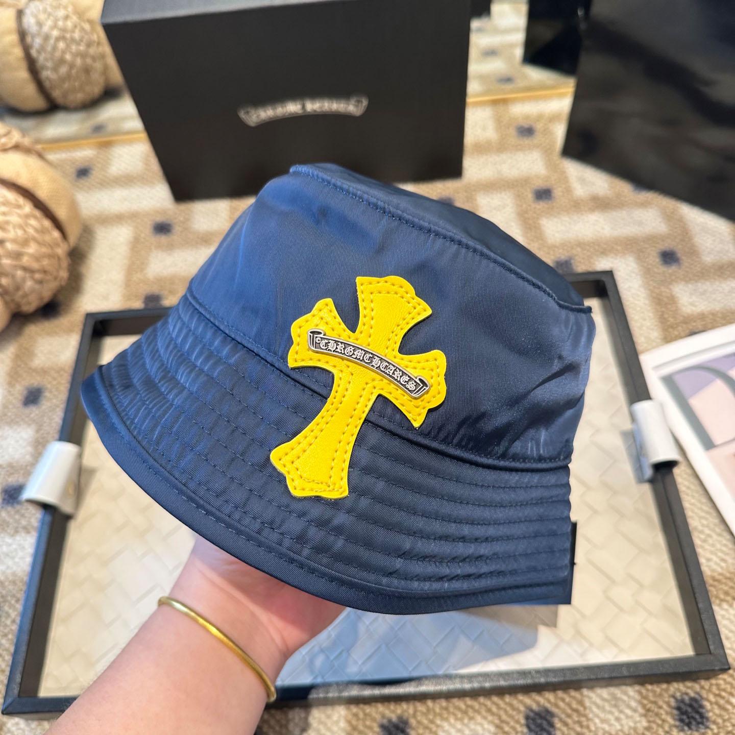 Chrome Heart Yellow Cross Nylon Navy Blue Fisherman Hat - DesignerGu