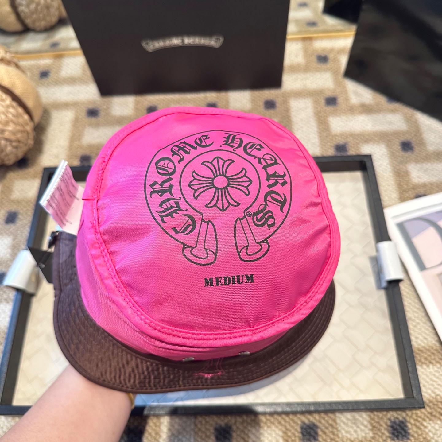 Chrome Heart Pink Leather Cross Patch Brown Bucket Hat - DesignerGu