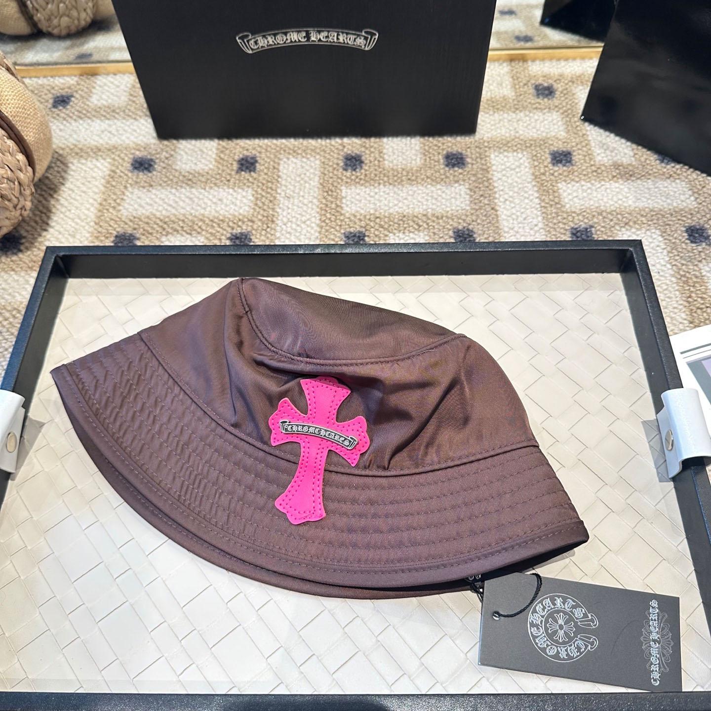 Chrome Heart Pink Leather Cross Patch Brown Bucket Hat - DesignerGu