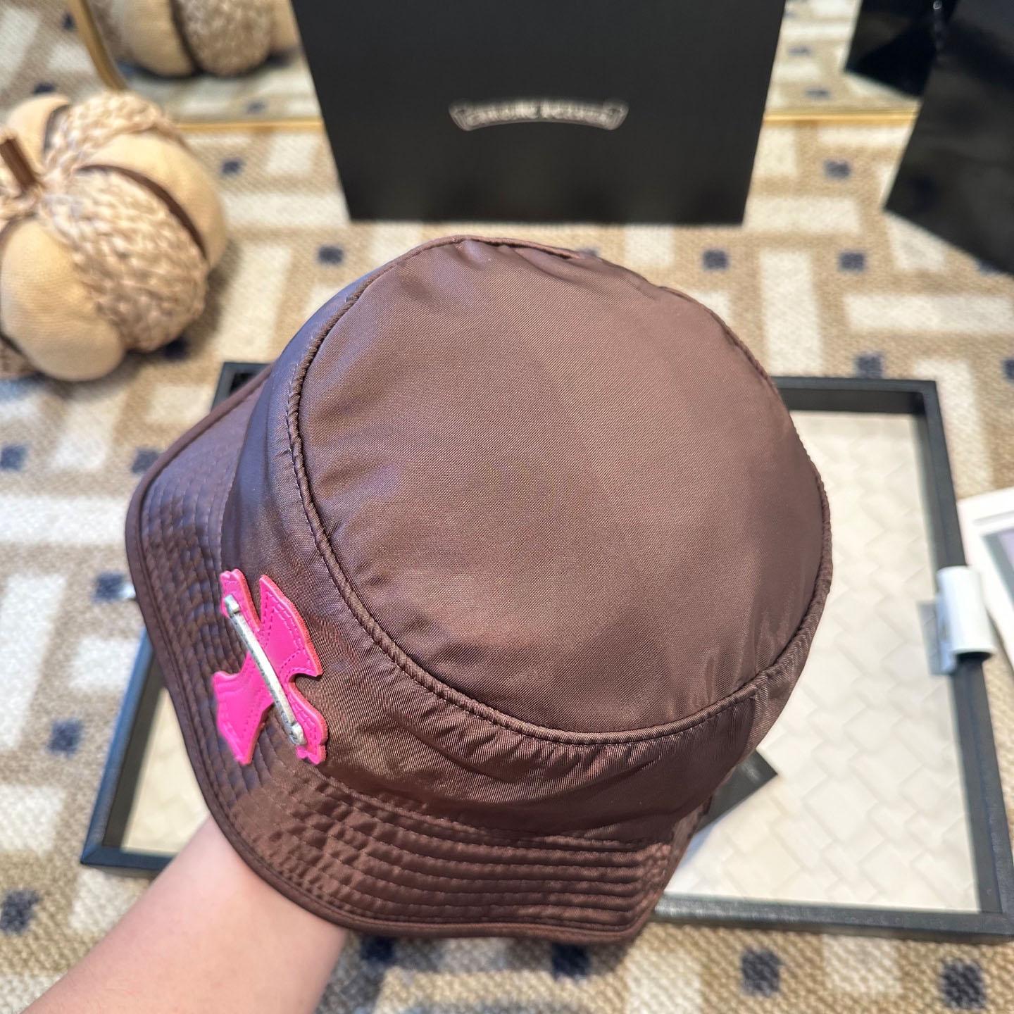 Chrome Heart Pink Leather Cross Patch Brown Bucket Hat - DesignerGu