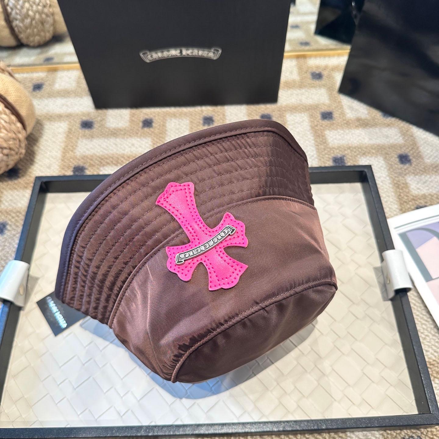 Chrome Heart Pink Leather Cross Patch Brown Bucket Hat - DesignerGu