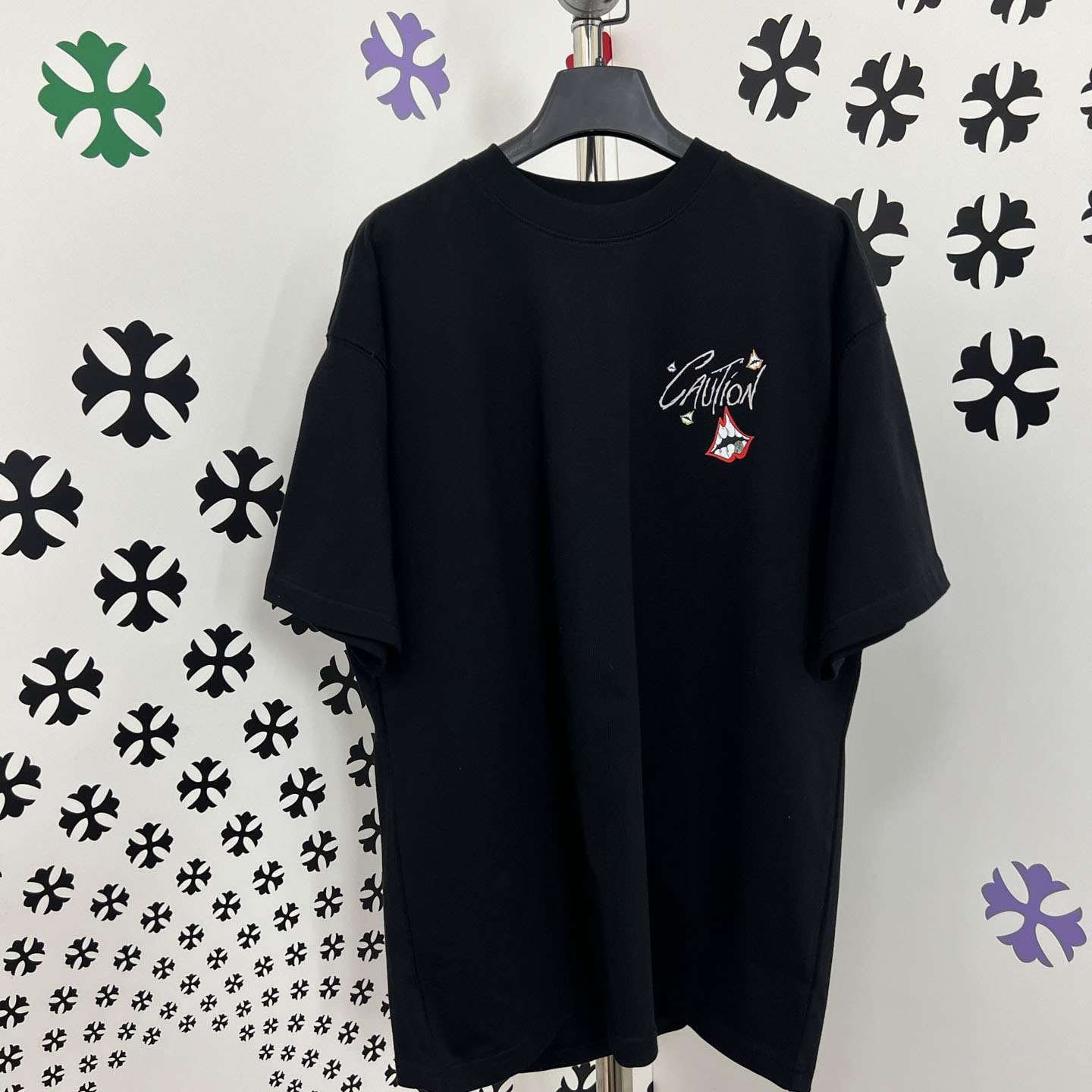 Chrome Hearts Double-Sided CAUTION Script Lips Cross Print Tee - DesignerGu