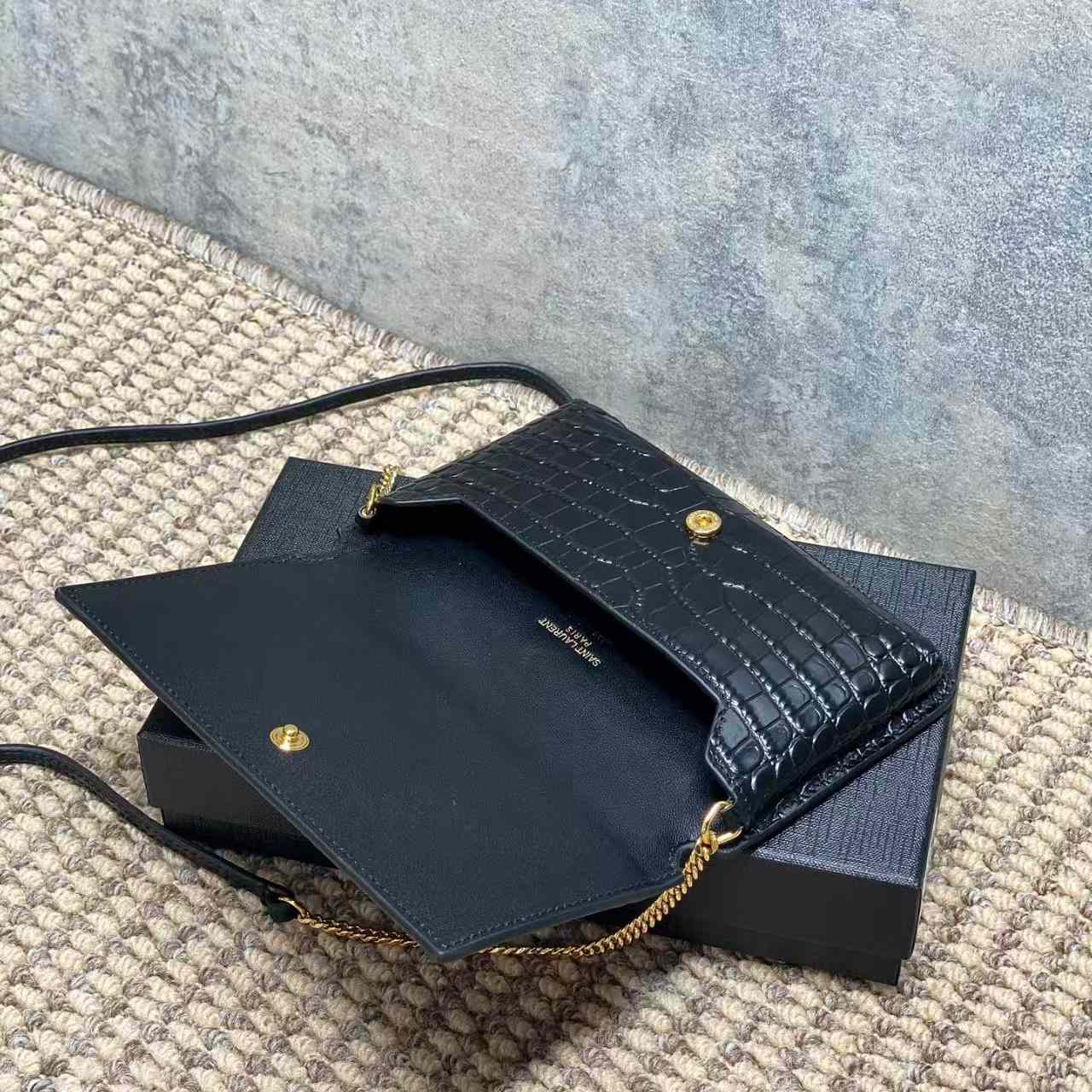 Saint Laurent CASSANDRE Phone Holder In SHINY Crocodile-Embossed Leather - DesignerGu