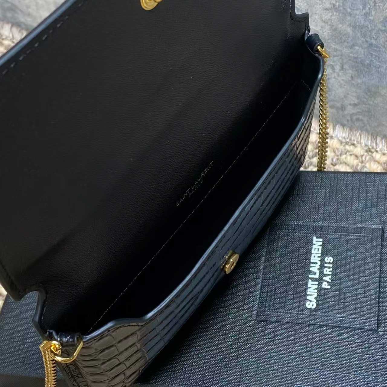 Saint Laurent CASSANDRE Phone Holder In SHINY Crocodile-Embossed Leather - DesignerGu