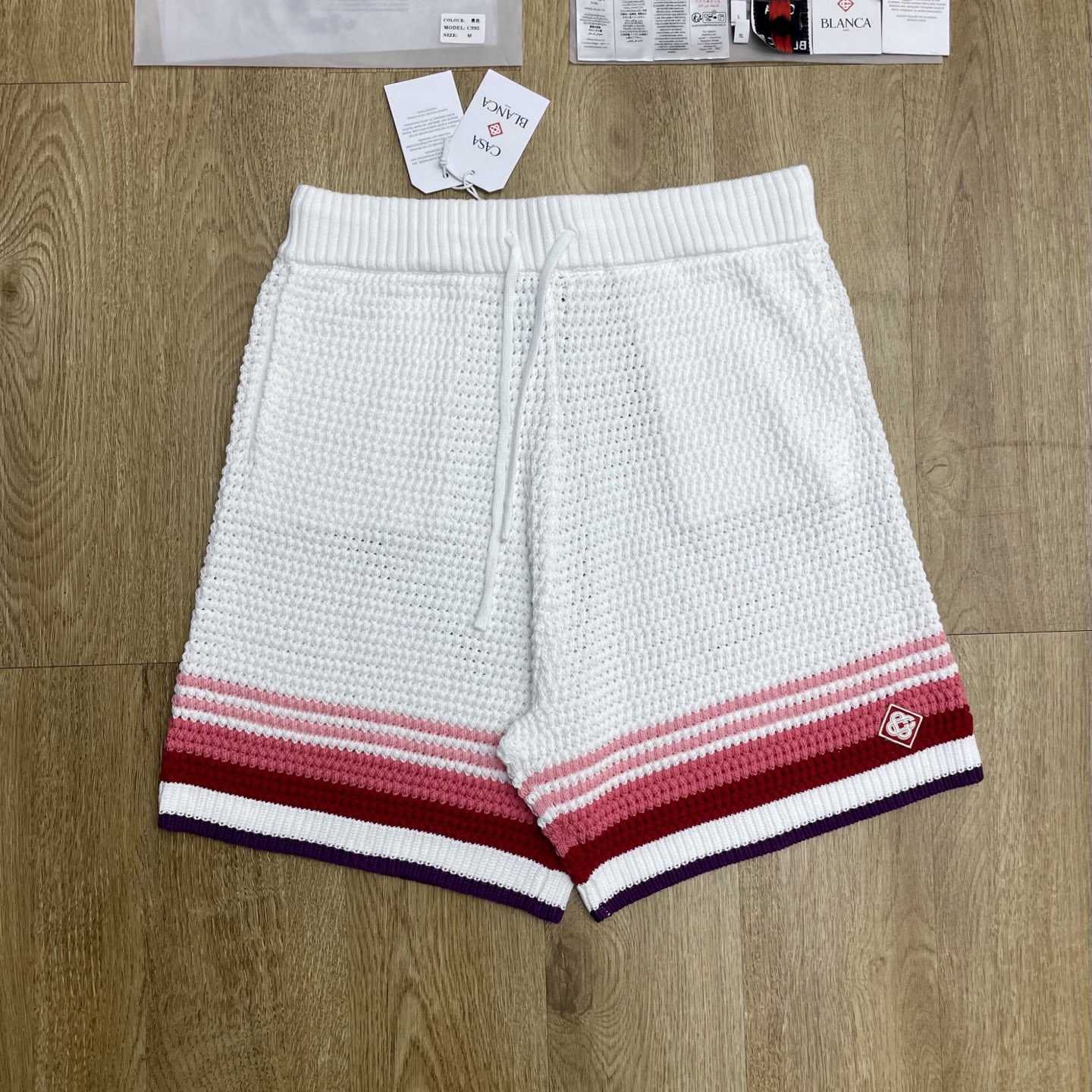 Casablanca White & Pink Striped Crochet Shorts  D0203 - DesignerGu