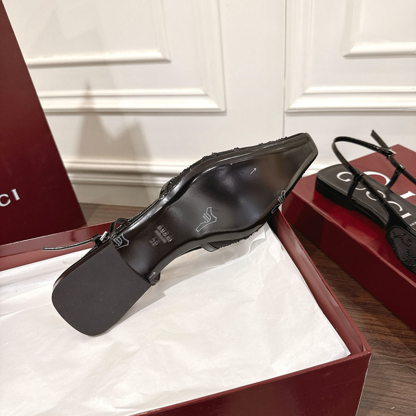 Gucci Suede Mesh Crystal GG Monogram Slingback Ballet Flats - DesignerGu