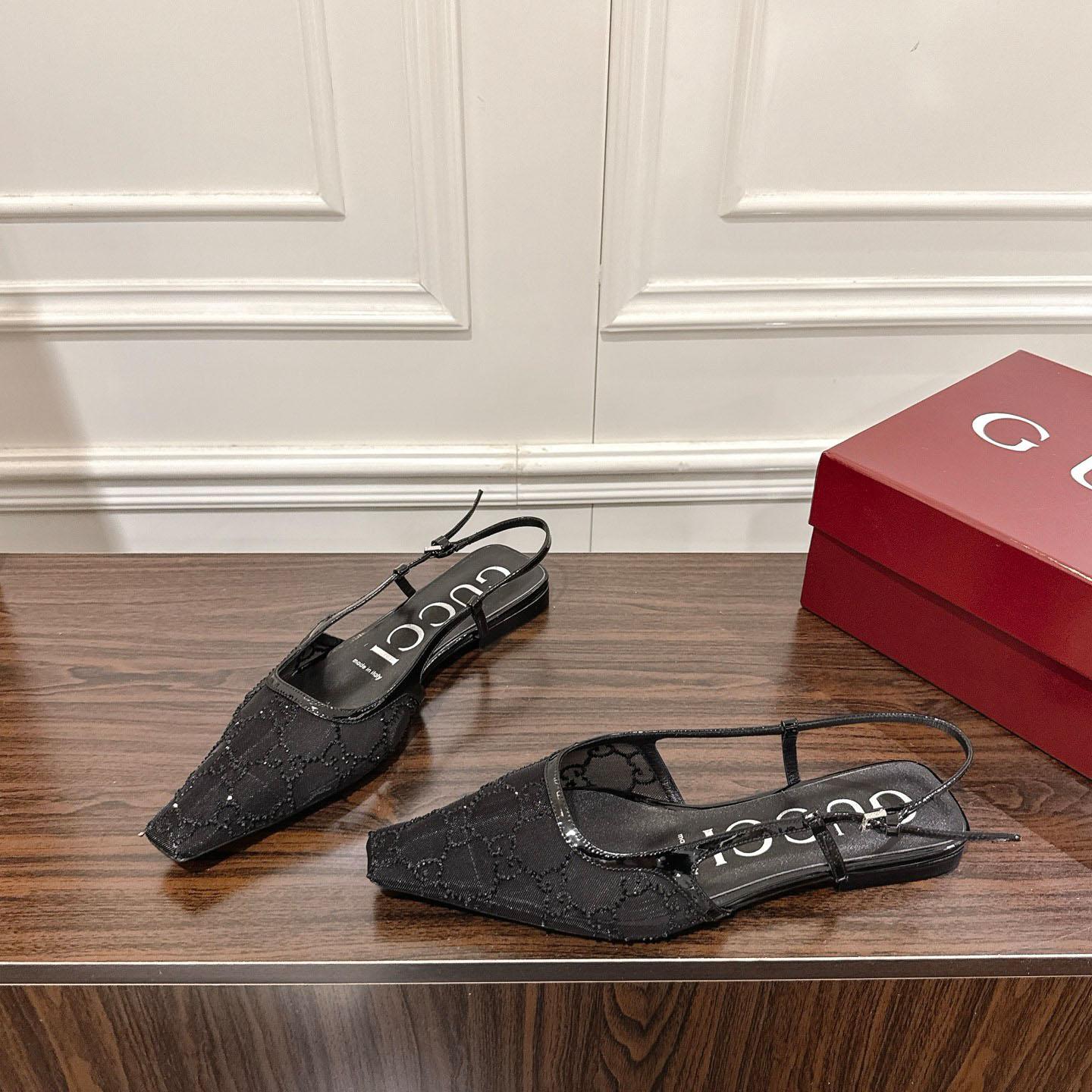 Gucci Suede Mesh Crystal GG Monogram Slingback Ballet Flats - DesignerGu