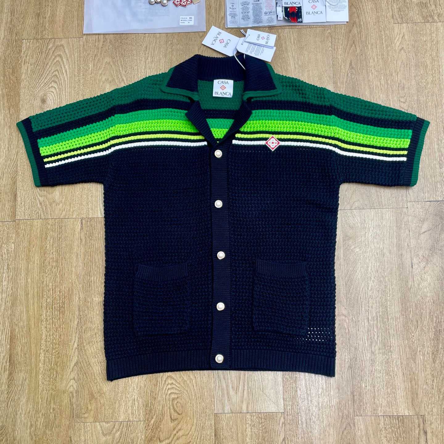 Casablanca Black & Green Striped Short Sleeve Crochet Shirt  Z6045 - DesignerGu