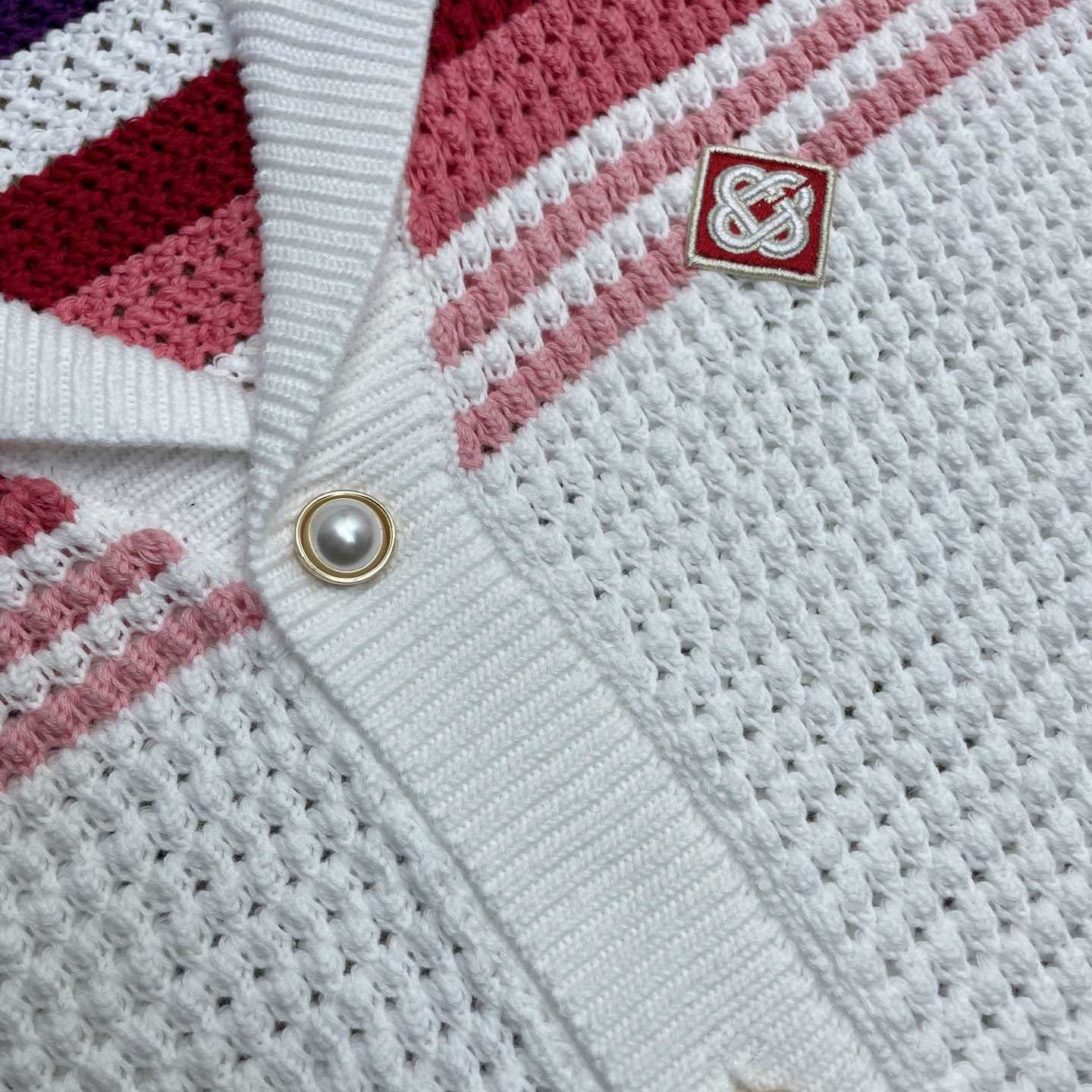 Casablanca White & Pink Stripe Short Sleeve Crochet Shirt D0202 - DesignerGu
