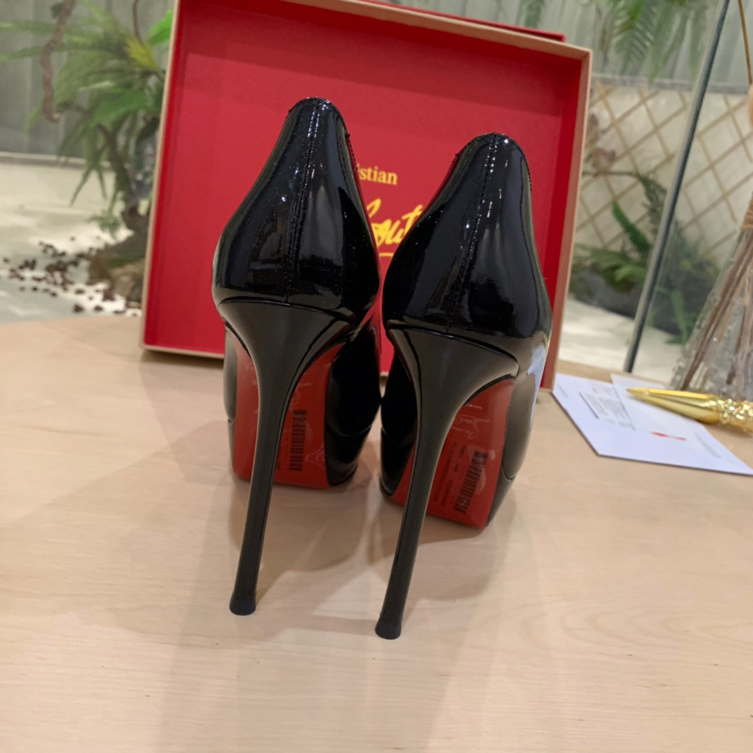 Christian Louboutin Fetish Peep Black Patent Platform Sandal Heel Pump - DesignerGu