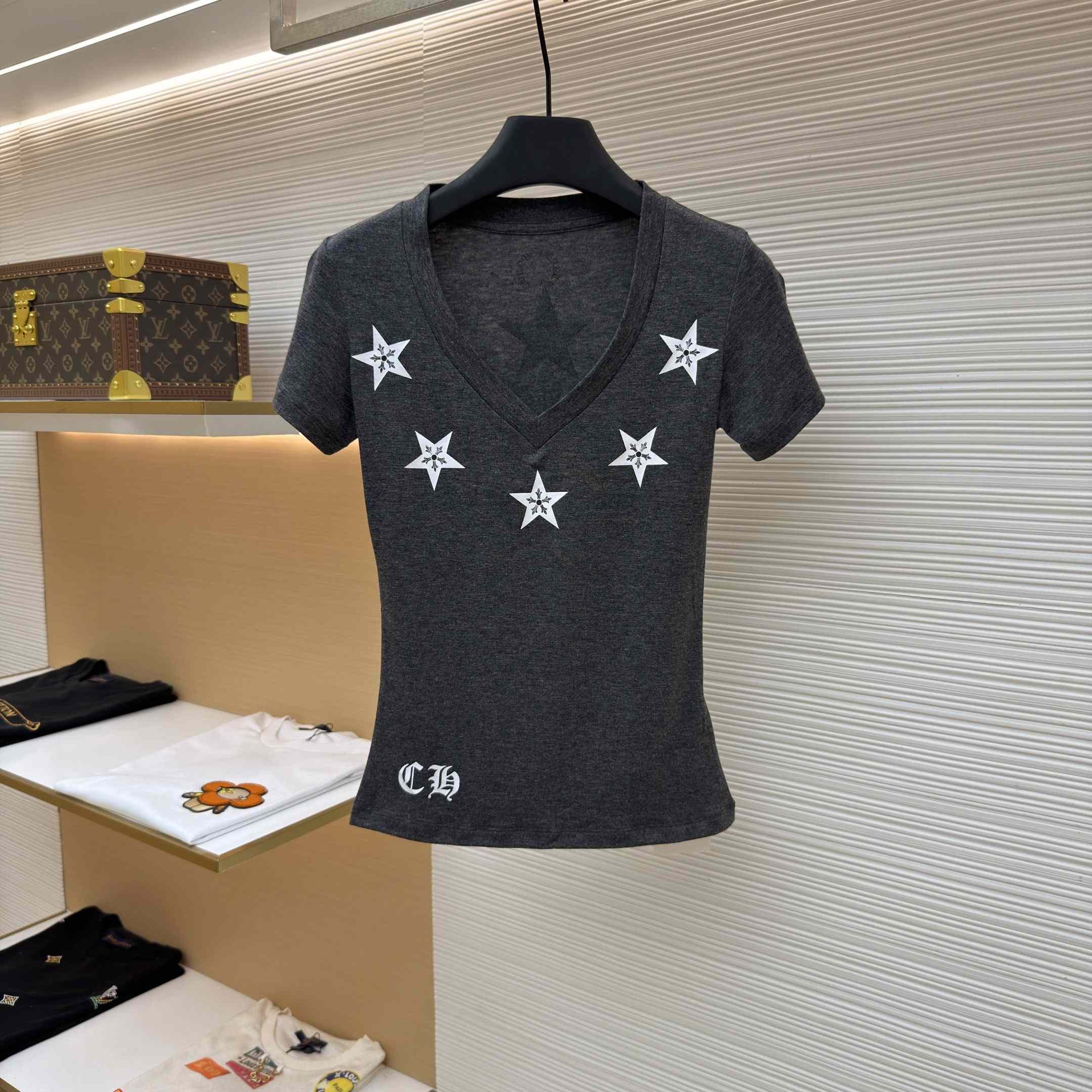 Chrome Hearts Multi-Star V-Neck T-Shirt - Grey  - DesignerGu